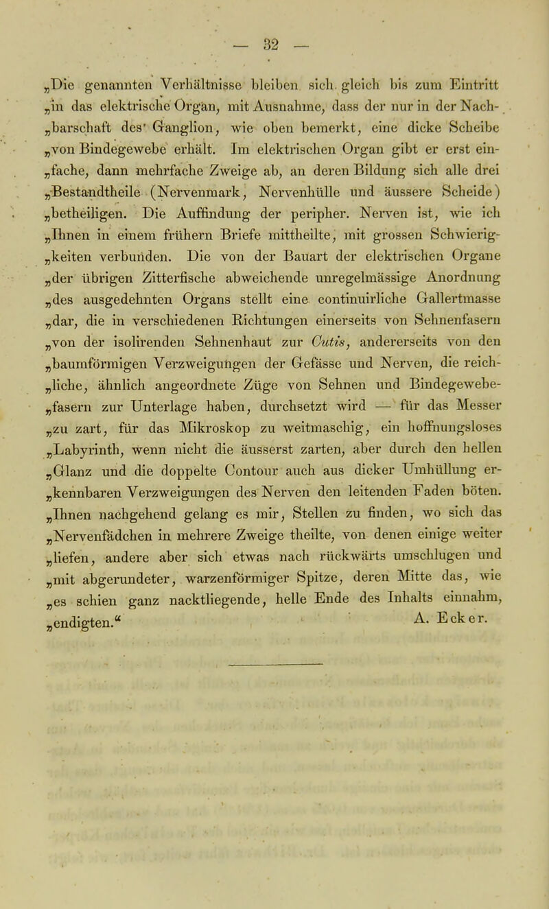 „Die genannten Verhältnisse bleiben sich, gleich bis zum Eintritt „in das elektrische Orgän, mit Ausnahme, dass der nur in der Nach- barschaft des* Ganglion, wie oben bemerkt, eine dicke Scheibe „von Bindegewebe erhält. Im elektrischen Organ gibt er erst ein- fache, dann mehrfache Zweige ab, an deren Bildung sich alle drei „Bestandteile (Nervenmark, Nervenhülle und äussere Scheide) „betheiligen. Die Auffindung der peripher. Nerven ist, wie ich „Ihnen in einem frühern Briefe mittheilte, mit grossen Schwierig- keiten verbunden. Die von der Bauart der elektrischen Organe „der übrigen Zitterfische abweichende unregelmässige Anordnung „des ausgedehnten Organs stellt eine continuirliche Grallertniasse „dar, die in verschiedenen Bichtungen einerseits von Sehnenfasern „von der isolirenden Sehnenhaut zur Cutis, andererseits von den „baumförmigen Verzweigungen der Gefässe und Nerven, die reich- liche, ähnlich angeordnete Züge von Sehnen und Bindegewebe- fasern zur Unterlage haben, durchsetzt wird — für das Messer „zu zart, für das Mikroskop zu weitmaschig, ein hoffnungsloses „Labyrinth, wenn nicht die äusserst zarten, aber durch den hellen „Glanz und die doppelte Contour auch aus dicker Umhüllung er- kennbaren Verzweigungen des Nerven den leitenden Faden böten. „Ihnen nachgehend gelang es mir, Stellen zu finden, wo sich das „Nervenfädchen in mehrere Zweige theilte, von denen einige weiter „liefen, andere aber sich etwas nach rückwärts umschlugen und „mit abgerundeter, warzenförmiger Spitze, deren Mitte das, wie „es schien ganz nacktliegende, helle Ende des Inhalts einnahm, „endigten. A- Ecker.