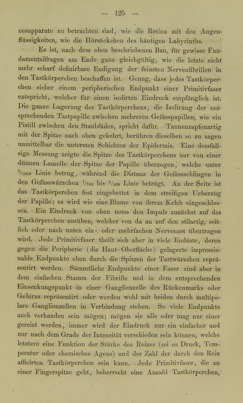 nesapparatc zu betrachten sind, wie die Retina mit den Augen- flüssigkeiten, wie die Hörsäckchen des häutigen Labyrinths. Es ist, nach dem oben beschriebenen Bau, für gewisse Fun- damentalfragen am Ende ganz gleichgültig, wie die letzte nicht mehr scharf defmirbare Endigung der feinsten Nervenfibrillen in den Tastkörperchen beschaffen ist. Genug, dass jedes Tastkörper- chen sicher einem peripherischen Endpunkt einer Primitivfaser entspricht, welcher für einen isolirten Eindruck empfänglich ist. Die ganze Lagerung des Tastkörperchens, die Isolirung der ent- sprechenden Tastpapille zwischen mehreren Gefässpapillen, wie ein Pistill zwischen den Staubfäden, spricht dafür. Tannenzapfenartig mit der Spitze nach oben gekehrt, berühren dieselben so zu sagen unmittelbar die untersten Schichten der Epidermis. Eine dessfall- sige Messung zeigte die Spitze des Tastkörperchens nur von einer dünnen Lamelle der Spitze der Papille überzogen, welche unter /ioco Linie betrug, während die Distanz der Gefässschlingen in den Gefässwärzchen V700 bis Vsoo Linie beträgt. An der Seite ist das Tastkörperchen fest eingebettet in dem streifigen Ueberzug der Papille; es wird wie eine Blume von ihrem Kelch eingeschlos- sen. Ein Eindruck von oben muss den Impuls zunächst auf das Tastkörperchen ausüben, welcher von da an auf den stilartig, seit- lich oder nach unten ein- oder mehrfachen Nervenast übertragen wird. Jede Primitivfaser theilt sich aber in viele Endäste, deren gegen die Peripherie (die Haut-Oberfläche) gelagerte impressio- nable Endpunkte eben durch die Spitzen der Tastwärzchen reprä- sentirt werden. Sämmtliche Endpunkte einer Faser sind aber in dem einfachen Stamm der Fibrille und in dem entsprechenden Einsenkungspunkt in einer Ganglienzelle des Rückenmarks oder Gehirns repräsentirt oder werden wohl mit beiden durch multipo- lare Ganglienzellen in Verbindung stehen. So viele Endpunkte auch vorhanden sein mögen; mögen sie alle oder mag nur einer gereizt werden, immer wird der Eindruck nur ein einfacher und nur nach dem Grade der Intensität verschieden sein können, welche letztere eine Funktion der Stärke des Reizes (sei es Druck, Tem- peratur oder chemisches Agens) und der Zahl der durch den Reiz afficirten Tastkörperchen sein kann. Jede Primitivfaser, die zu einer Fingerspitze geht, beherrscht eine Anzahl Tastkörperchen,