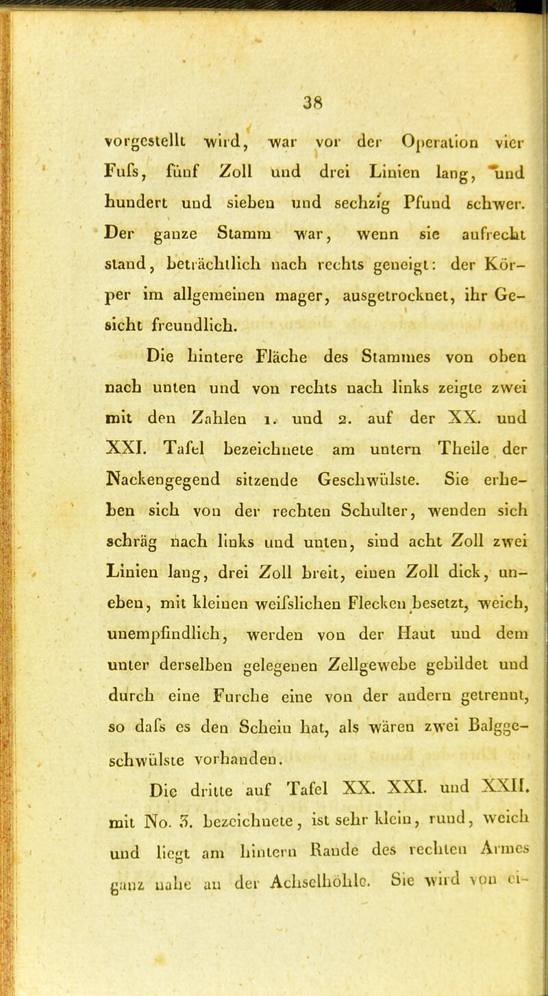 yorgeslellt -wird, -war vor der Operation vier Fufs, fünf Zoll und drei Linien lang, ^ind hundert und sieben und sechzig Pfund schwer. Der ganze Stamm war, wenn sie aufrecht stand, heträchllich nach rechts geneigt: der Kör- per im allgemeinen mager, ausgetrocknet, ihr Ge- sicht freundlich. Die hintere Fläche des Stammes von oben nach unten und von rechts nach links zeigte zwei mit den Zahlen i. und 2. auf der XX. und XXI. Tafel bezeichnete am untern Theile der Nackengegend sitzende Geschwülste. Sie erhe- ben sich von der rechten Schulter, wenden sich schräg nach links und unten, sind acht Zoll zwei Linien lang, drei Zoll breit, einen Zoll dick, un- eben, mit kleinen weifslichen Flecken hesetzt, weich, unempflndlich, werden von der Haut und dem unter derselben gelegenen Zellgewebe gebildet und durch eine Furche eine von der andern getrennt, so dafs es den Schein hat, als wären zwei Balgge- schwülste vorhanden. Die dritte auf Tafel XX. XXL und XXII. mit No. 3. bezeichnete, ist sehr klein, rund, weich und liegt am hintern Rande des rechten Armes ganz nahe au der AchselhöhlG. Sie wird von ci-