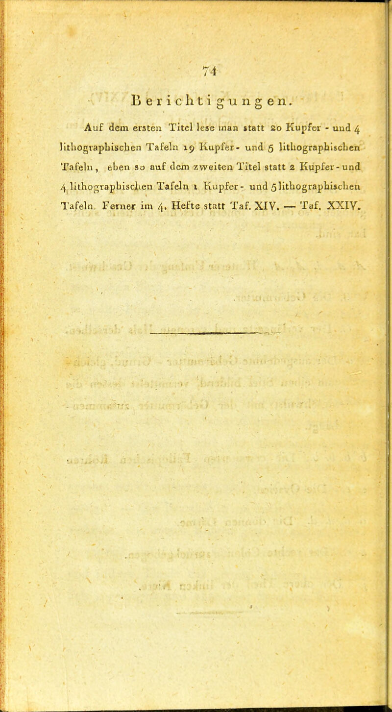 Bericht! gungen. Auf dem ersten Titel lese man statt 20 Kupfer - und 4 litliogiapliischen Tafeln 19 Kupfer- und 5 lithographischen Tafeln, eben so auf dem zweit-en Titel statt z Kupfer-und 4 lithographiscihen Tafeln i Kupfer- und 5lithographischen Tafeln. Ferne« im 4. Hefte statt Taf. XIV. — Taf, XXIV.