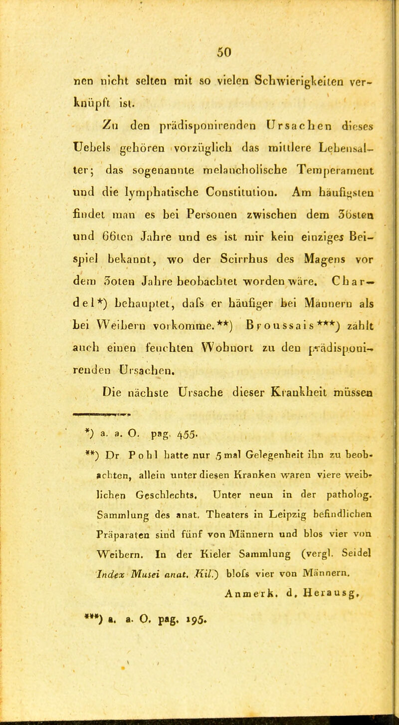 wen nicht selten mit so vielen Schwierigkeiten ver- knüpft ist. Zu den prädisponlrendfn Ursachen dieses Uebels gehören vorzüglich das rallllere LeLeiisdl- ler; das sogenannte melancholische Temperament und die lymphatische Constitution. Am häufiysien findet man es bei Personen zwischen dem Sbstea und 66icn Jahre und es ist mir kein einzigem Bei- spiel bekannt, wo der Scirrhus des Magens vor dem Soten Jahre beobachtet worden wäre. Char— del*) behauptet, dafs er häufiger bei Männern als Lei Weibern vorkomme.**) ßFOuSsais ***j zählt auch einen feuchten Wohnort zu den prädlsponi- renden Ursachen, Die nächste Ursache dieser Krankheit müssea *} a. a. O. pag, 455. **) Dr Pohl hatte nur 5mal Gelegenbftit ibn zu beob« achten, allein unter diesen Kranken waren viere vreib» liehen Geschlechts. Unter neun in der patholog, Sammlung des anat, Theaters in Leipzig befindlichen Präparaten sind fünf von Männern und blos vier von Weibern. In der Kieler Sammlung (vergl. Seidel Index Musei anat, KU.) blofs vier von Männern, Anmerk. d, Herausg,