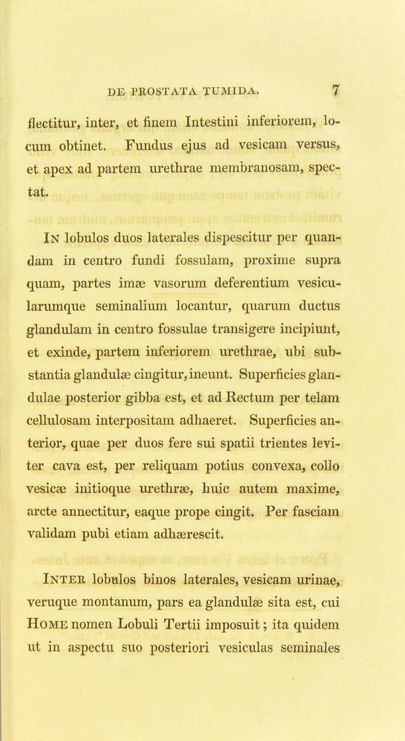 flectitur, inter, et finem Intestini inferiorem, lo- cura obtinet. Fundus ejus ad vesicam versus, et apex ad partem urethrae membranosam, spec- tat. In lobulos duos laterales dispescitur per quan- dam in centro fundi fossulam, proxime supra quam, partes imae vasorum deferentium vesicu- larumque seminalium locantur, quarum ductus glandulam in centro fossulae transigere incipiunt, et exinde, partem inferiorem urethrae, ubi sub- stantia glandulae cingitur, ineunt. Superficies glan- dulae posterior gibba est, et ad Rectum per telam cellulosani interpositam adhaeret. Superficies an- terior, quae per duos fere sui spatii trientes levi- ter cava est, per reliquam potius convexa, collo vesicae initioque urethrse, huic autem maxirae, arcte annectitur, eaque prope cingit. Per fasciara validam pubi etiam adhserescit. Intee, lobulos binos laterales, vesicara urinae, veruque montanum, pars ea glandulse sita est, cui HOME nomen Lobuli Tertii imposuit; ita quidera ut in aspectu suo posteriori vesiculas seminales