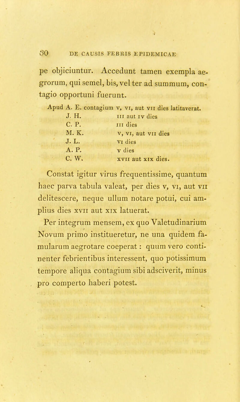 pe objiciuntur. Accedunt tamen exempla ae- grorum, qui semel, bis, vel ter ad summum, con- tagio opportuni fuerunt. Apud A. E. contagium v, vr, aut vn dies latitaverat. J. H. iii aut iv dies C. P. iii dies M. K. v, vi, aut vn dies J. L. vi dies A. P. v dies C. W, xvii aut xix dies. Constat igitur virus frequentissime, quantum haec parva tabula valeat, per dies v, vi, aut vn delitescere, neque ullum notare potui, cui am- plius dies xvn aut xix latuerat. Per integrum mensem, ex quo Valetudinarium Novum primo inst.itueretur, ne una quidem fa- mularum aegrotare coeperat: quum vero conti- nenter febrientibus interessent, quo potissimum tempore aliqua contagium sibi adsciverit, minus pro comperto haberi potest.