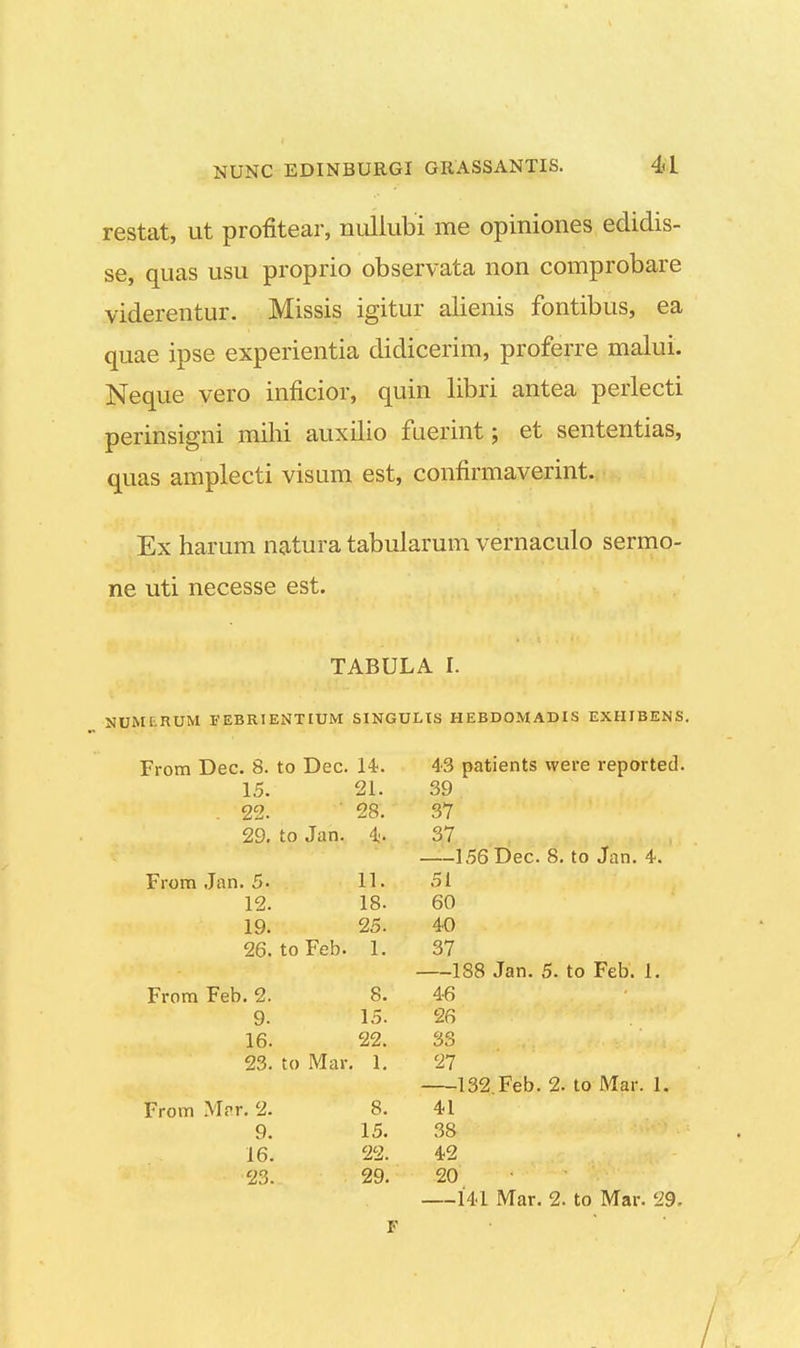 restat, ut profltear, nuliubi me opiniones edidis- se, quas usu proprio observata non comprobare viderentur. Missis igitur alienis fontibus, ea quae ipse experientia didicerim, proferre malui. Neque vero inficior, quin libri antea perlecti perinsigni mihi auxilio fuerint; et sententias, quas amplecti visum est, confirmaverint. Ex harum natura tabularum vernaculo sermo- ne uti necesse est. TABULA I. SOMl.RUM F EBRI ENTIUM SINGULIS HEBDOMADIS EXHIBENS. From Dec. 8. to Dec. 14. 43 patients were reported. 15. 21. 39 .22. ' 28. 37 29. to Jan. 4- 37 156 Dec. 8. to Jan. 4. From Jan. 5. 11. 51 12. 18. 60 19. 25. 40 26. toFeb. 1. 37 188 Jan. 5. to Feb. 1. From Feb. 2. 8. 46 9. 15. 26 i .  16. 22. 33 23. to Mar. 1. 27 132.Feb. 2. to Mar. 1. From Mar. 2. 8. 41 9. 15. 38 16. 22. 42 23. 29. 20 141 Mar. 2. to Mar. 29.