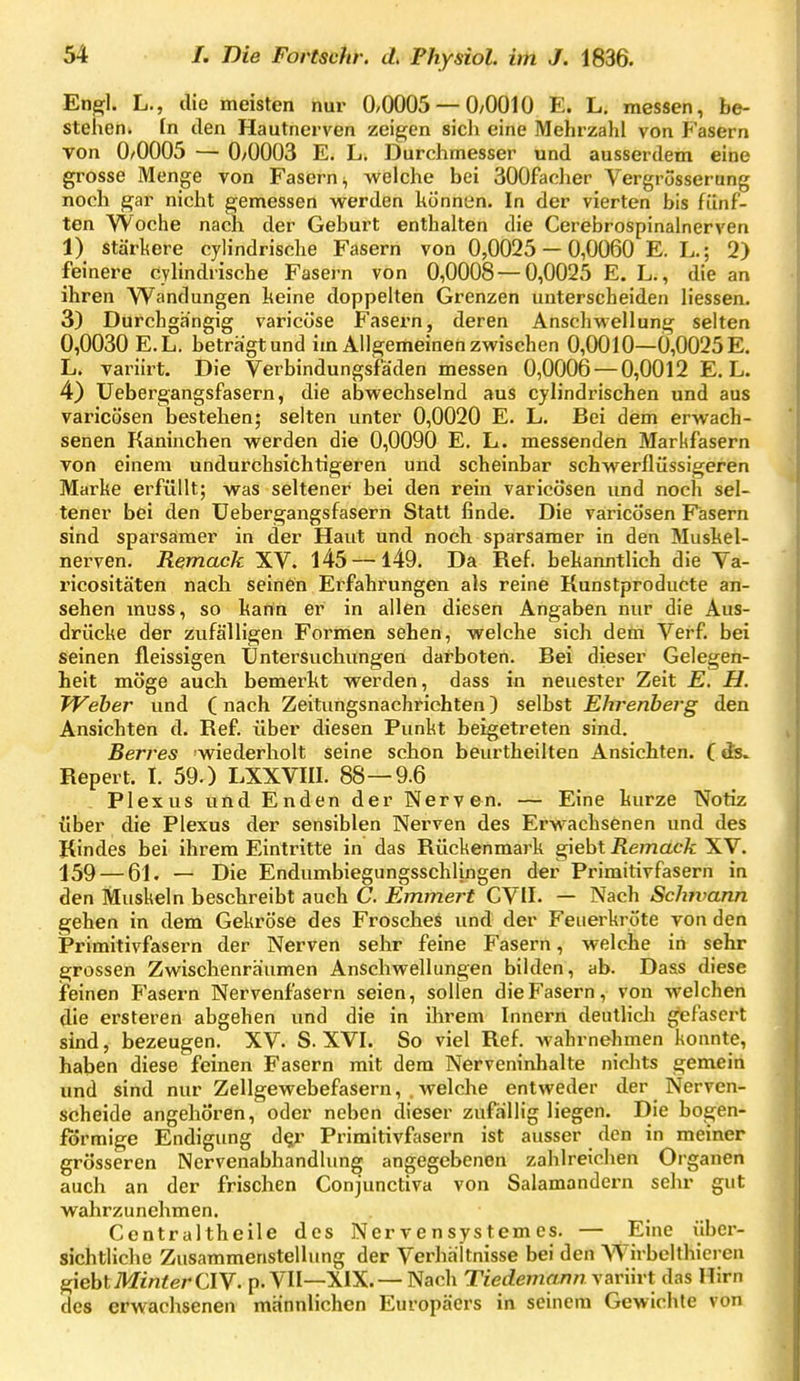 Engl. L., die meisten nur 0/0005 — 0/0010 E. L. messen, be- stehen, fn den Hautnerven zeigen sicli eine Mehrzahl von F asern von 0/0005 — 0/0003 E. L. Durchmesser und ausserdem eine grosse Menge von Fasern:, welche bei 300faeher Vergrosserung noch gar nicht gemessen werden können. In der vierten bis fünf- ten VVoche nach der Geburt enthalten die Cerebrospinalnerven 1) stärkere cylindrische Fasern von 0,0025 — 0,0060 E. L.; 2) feinere cylindrische Fasern von 0,0008 — 0,0025 E. L., die an ihren Wandungen keine doppelten Grenzen unterscheiden Hessen. 3) Durchgängig varicöse Fasex'n, deren Anschwellung selten 0,0030 E.L. beträgt und im Allgemeinen zwischen 0,0010—0,0025 E. L. variirt. Die Verbindungsfäden messen 0,0006 — 0,0012 E.L. 4) Uebergangsfasern, die abwechselnd aus cylindrischen und aus varicösen bestehen; selten unter 0,0020 E. L. Bei dem erwach- senen Kaninchen werden die 0,0090 E. L. messenden Marhfasern von einem undurchsichtigeren und scheinbar schwerflüssigeren Marke erfüllt; was seltener bei den rein varicösen und noch sel- tener bei den Uebergangsfasern Statt finde. Die varicösen Fasern sind sparsamer in der Haut und noch sparsamer in den Muskel- nerven. Remack XV. l45 —149. Da Ref. bekanntlich die Va- ricositäten nach seinen Erfahrungen als reine Kunstproducte an- sehen muss, so kann er in allen diesen Angaben nur die Aus- drücke der zufälligen Formen sehen, welche sich dem Verf. bei seinen fleissigen Untersuchungen darboten. Bei dieser Gelegen- heit möge auch bemerkt werden, dass in neuester Zeit E. H. Weber und (nach Zeitungsnachrichten) selbst Ehrenberg den Ansichten d. Ref. über diesen Punkt beigetreten sind. Serres wiederholt seine schon beurtheilten Ansichten. (ds» Repert. I. 59.) LXXVIII. 88—9.6 Plexus und Enden der Nerven. — Eine kurze Notiz über die Plexus der sensiblen Nerven des Erwachsenen und des Kindes bei ihrem Eintritte in das Rückenmark giebt Remack XV. 159 — 61. — Die Endumbiegungsschlingen der Primitivfasern in den Muskeln beschreibt auch C. Emmej t CVll. — Nach Schtvann gehen in dem Gekröse des Frosches und der Feiierkröte von den Primitivfasern der Nerven sehr feine Fasern, welche iii sehr grossen Zwischenräumen Anschwellungen bilden, ab. Dass diese ipeinen Fasern Nervenfasern seien, sollen die Fasern, von welchen die ersteren abgehen imd die in ihrem Innern deutlich gefasert sind, bezeugen. XV. S. XVI. So viel Ref. wahrnehmen konnte, haben diese feinen Fasern mit dem Nerveninhalte nichts gemein und sind nur Zellgewebefasern,. welche entweder der Nerven- scheide angehören, oder neben dieser zufällig liegen. Die bogen- förmige Endigung d^r Primitivfasern ist ausser den in meiner grösseren Nervenabhandlung angegebenen zahlreichen Organen auch an der frischen Conjunctiva von Salamandern sehr gut wahrzunehmen. Centraltheile des Ner ve n sys tem es. — Eine über- sichtliche Zusammenstellung der Verhältnisse bei den AVirbelthiei-en giebt Minder CIV. p. VII—XIX. —Nach Tiedeman nxarih't das Hirn des erwachsenen männlichen Europäers in seinem Gewichte von