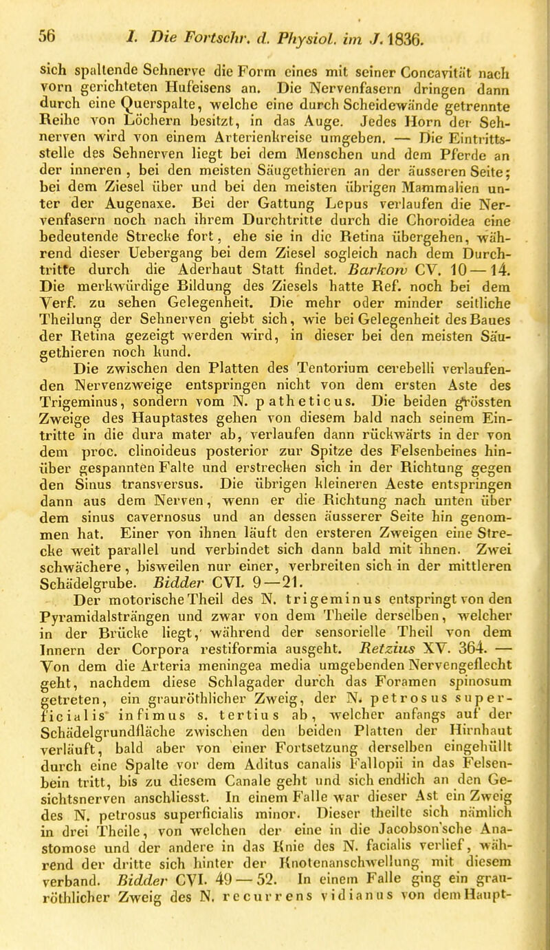 sich spallende Schnerve die Form eines mit seiner Concavität nacli vorn gerichteten Hufeisens an. Die Nervenfasern dringen dann durch eine Querspalte, welche eine durch Scheidewände getrennte Reihe von Löchern besitzt, in das Auge. Jedes Horn der Seh- nerven wird von einem Arterienhreise umgeben. — Die Eintritts- stelle des Sehnerven liegt bei dem Menschen und dem Pferde an der inneren 5 bei den meisten Säugethieren an der äusseren Seite; bei dem Ziesel über und bei den meisten übrigen Mammalien un- ter der Augenaxe. Bei der Gattung Lepus verlaufen die Ner- venfasern noch nach ihrem Durchtritte durch die Choroidea eine bedeutende Strecke fort, ehe sie in die Retina übergehen, wäh- rend dieser Uebergang bei dem Ziesel sogleich nach dem Durch- tritte durch die Äderhaut Statt findet. Barkorv CV. 10—14. Die merkwürdige Bildung des Ziesels hatte Ref. noch bei dem Verf. zu sehen Gelegenheit. Die mehr oder minder seitliche Theilung der Sehnerven giebt sich, wie bei Gelegenheit des Baues der Retina gezeigt werden wird, in dieser bei den meisten Säu- gethieren noch kund. Die zwischen den Platten des Tentorium cerebelli verlaufen- den Nervenzweige entspringen nicht von dem ersten Aste des Trigeminus, sondern vom N. patheticus. Die beiden ^össten Zweige des Hauptastes gehen von diesem bald nach seinem Ein- tritte in die dura mater ab, verlaufen dann rückwärts in der von dem proc. clinoideus posterior zur Spitze des Felsenbeines hin- über gespannten Falte und erstrecken sich in der Richtung gegen den Sinus transversus. Die übrigen kleineren Aeste entspringen dann aus dem Nerven, wenn er die Richtung nach unten über dem sinus cavernosus und an dessen äusserer Seite hin genom- men hat. Einer von ihnen läuft den ersteren Zweigen eine Stre- cke weit parallel und verbindet sich dann bald mit ihnen. Zwei schwächere, bisweilen nur einer, verbreiten sich in der mittleren Schädelgrube. Bidder GVL 9—21. Der motorischeTheil des N. trigeminus entspringt von den Pyramidalsträngen und zwar von dem Theile derselben, w'elcher in der Brücke Hegt,' während der sensorielle Theil von dem Innern der Corpora restiformia ausgeht. Ketzins XV. 364. — Von dem die Arteria meningea media umgebenden Nervengeflecht geht, nachdem diese Schlagader durch das Foramen spinosum getreten, ein grauröthlicher Zweig, der N* petrosus super- ficialis' infimus s. tertius ab, welcher anfangs auf der Schädelgrundlläche zwischen den beiden Platten der Hirnhaut verläuft, bald aber von einer Fortsetzung derselben eingehüllt durch eine Spalte vor dem Aditus canalis Fallopii in das Felsen- bein tritt, bis zu diesem Canale geht und sich endlich an den Ge- sichtsnerven anschliesst. In einem Falle war dieser Ast ein Zweig des N. petrosus superficialis im'nor. Dieser theiltc sich nämlich in drei Theile, von welchen der eine in die Jacobsonsche Ana- stomose und der andere in das Knie des N. facialis verlief, wäh- rend der dritte sich hinter der Knotenanschwellung mit diesem verband. Biddev GVL 49 — 52. In einem Falle ging ein gran- röthlicher Zweig des N. recurrens yidianus von dem Haupt-