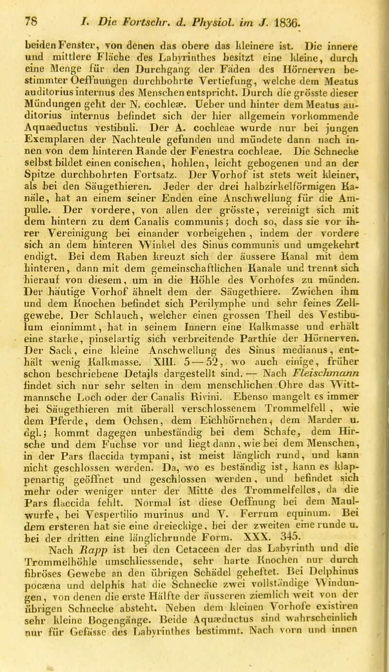beiden Fenster, von denen das obere das kleinere ist. Die innere und mittlere Fläclie des Labyrinthes besitzt eine kleine, durch eine Menge für den Durchgang der Fäden des Hörnerven be- stimmter Oeffnungen durchbohrte Vertiefung, welche dem Meatus auditorius internus des Menschen entspricht. Durch die grosste dieser Mündungen geht der N. Cochleae, üeber und hinter dem Meatus au- ditorius internus befindet sich der hier allgemein vorkommende Aquaeductus vestibuli. Der A. Cochleae wurde nur bei jungen Exemplaren der Nachteule gefunden und mündete dann nach in- nen von dem hinteren Rande der Fenestra Cochleae. Die Schnecke selbst bildet einen conischen, hohlen, leicht gebogenen und an der Spitze durchbohrten Fortsatz. Der Vorhof ist stets weit kleiner, als bei den Säugethieren. Jeder der drei halbzirkelförmigen Ka- näle, hat an einem seiner Enden eine Anschwellung für die Am- pulle. Der vordere, von allen der grösste, vereinigt sich mit dem hintern zu dent Canalis communis; doch so, dass sie vor ih- rer Vereinigung bei einander vorbeigehen , indem der vordere sich an dem hinteren VS'inkel des Sinus communis und umgekehrt endigt. Bei dem Raben kreuzt sich der äussere Kanal mit dem hinteren, dann mit dem gemeinschaftlichen Kanäle und trennt sich hierauf von diesem, um in die Höhle des Vorhofes zu münden. Der häutige Vorhof ähnelt dem der Säugethiere. Zwichen ihm und dem Knochen befindet sich Perilymphe und sehr feines Zell- gewebe. Der Schlauch, welcher einen grossen Theil des Vestibu- lum einnimmt, hat in seinem Innern eine Kalkmasse und erhält eine starke, pinselartig sich verbreitende Parthie der Hürnerven. Der Sack, eine kleine Anschwellung des Sinus medianus, ent- hält wenig Kalkmasse. Xlll. 5 — 52, wo auch einige, früher schon beschriebene Detajls dargestellt sind.— Nach Fleischmann findet sich nur sehr selten in dem menschlichen Ohre das \'\ itt- raannsche Loch oder der Canalis Rivini. Ebenso mangelt es immer bei Säugethieren mit überall verschlossenem Trommelfell , wie dem Pferde, dem Ochsen, dem Eichhörncheni dem Marder u. dgl.; kommt dagegen unbeständig bei dem Schafe, dem Hir- sche und dem Fuchse vor und liegt dann , wie bei dem Menschen, in der Pars flaccida tympani, ist meist länglich rund, und kann nicht geschlossen wei'den. Da, wo es beständig ist, kann es klap- penartig geöffnet und geschlossen werden, und befindet sich mehr oder weniger unter der Mitte des Trommelfelles, da die Pars flaccida fehlt. Normal ist diese OefTnung bei dem Maul- wurfe, bei Vespertilio murinus und V. Ferrum equinum. Bei d£m ersteren hat sie eine dreieckige, bei der zweiten eme runde u. bei der dritten eine länglichrunde Form. XXX. 345. Nach Rapp ist bei den Cetaceen der das Labyrinth und die Trommelhöhle umschliessende, sehr harte Knochen nur durch fibröses Gewebe an den übrigen Schädel geheftet. Bei Delphinus pocasna und delphis hat die Schnecke zwei vollst;indige Windun- gen, von denen die erste Hälfte der äusseren ziemlich weit von der übrigen Schnecke absteht. Neben dem kleinen Vorhofe existiren sehr kleine Bogengänge. Beide Aquaeductus sind wahrscheinlich nur für Gefässc des T^abyrinthes bestimmt. Nach vorn und innen
