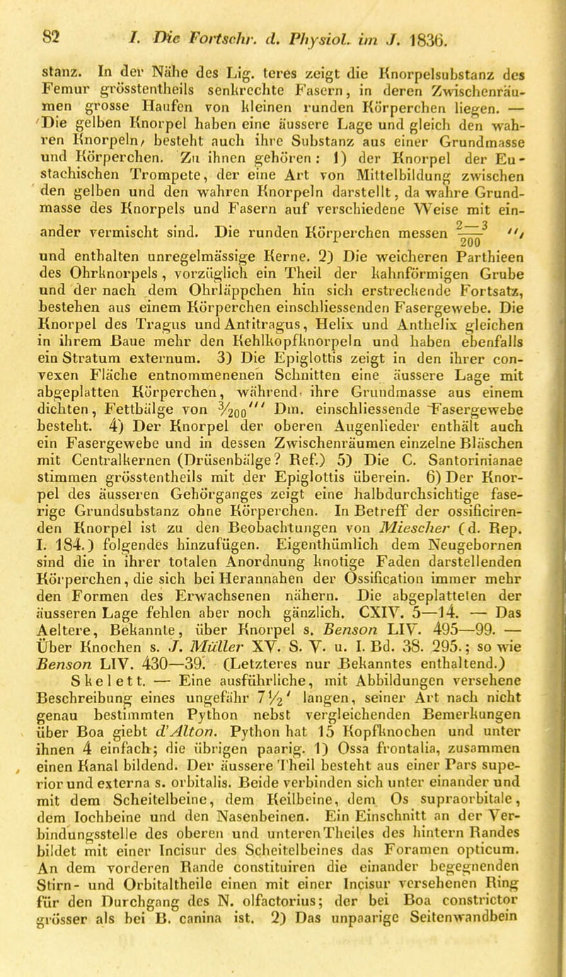 stanz. In der Nähe des Lig. tcres zeigt die Knorpelsubstanz des Femur gi'össtentheils senkrechte Fasern, in deren Zwischenräu- men grosse Haufen von kleinen runden Korperchen Heften. — Die gelben Knorpel haben eine äussere Lage und gleich den wah- ren Knorpeln/ besteht auch ihre Substanz aus einer Grundmasse und Körperchen, Zu ihnen gehören: 1) der Knorpel der Eu- stachischen Trompete, der eine Art von Mittelbildung zwischen den gelben und den wahren Knorpeln darstellt, da wahre Grund- masse des Knorpels und Fasern auf verschiedene Weise mit ein- ander vermischt sind. Die runden Körperchen messen i und enthalten unregelmässige Kerne. 2) Die weicheren Parthieen des Ohrknorpels , vorzüglich ein Theil der kahnförmigen Grube und der nach dem Ohrläppchen hin sich erstreckende Fortsatz, bestehen aus einem Körperchen einschliessenden Fasergewebe. Die Knorpel des Tragus und Antitragus, Delix und Anthelix gleichen in ihrem Baue mehr den Kehlkopfknorpeln und haben ebenfalls ein Stratum externum. 3) Die Epiglottis zeigt in den ihrer con- vexen Fläche entnommeneneh Schnitten eine äussere Lage mit abgeplatten Körperchen, während' ihre Grundmasse aus einem dichten, Fettbälge von ^200' Dm. einschliessende Fasergewebe besteht. 4) Der Knorpel der oberen Äugenlieder enthält auch ein Fasergewebe und in dessen Zwischenräumen einzelne Bläschen mit Centraikernen (Drüsenbälge? Ref.) 5) Die C. Santorinianae stimmen grösstentheils mit der Epiglottis überein. 6) Der Knor- pel des äusseren Gehörganges zeigt eine halbdurchsichtige fase- rige Grundsubstanz ohne Körperchen. In Betreff der ossificiren- den Knorpel ist zu den Beobachtungen von M.iescher (d. Rep. I. 184.) folgendes hinzufügen. Eigenthümlich dem Neugebornen sind die in ihrer totalen Anordnung knotige Faden darstellenden Körperchen, die sich bei Herannahen der Ossification immer mehr den Formen des Erwachsenen nähern. Die abgeplattelen der äusseren Lage fehlen aber noch gänzlich. CXIY. 5—14. — Das Aeltere, Bekannte, über Knorpel s. Benson LIV. 495—99. — Über Knochen s. .7. Müller XV. S. Y. u. I. Bd. 38. 295.; so wie Benson LIV. 430—39^ (Letzteres nur Bekanntes enthaltend.) Skelett. — Eine ausführliche, mit Abbildungen versehene Beschreibung eines ungefähr IV2' langen, seiner Art nach nicht genau bestimmten Python nebst vergleichenden Bemerkungen über Boa giebt d'Alton. Python hat 15 Kopfluiochen und unter ihnen 4 einfach; die übrigen paarig. 1) Ossa frontalia, zusammen einen Kanal bildend. Der äussere Theil besteht aus einer Pars supe- rior und externa s. orbitalis. Beide verbinden sich unter einander und mit dem Scheitelbeine, dem Keilbeine, dem Os supraorbitale, dem lochbeine und den Nasenbeinen. Ein Einschnitt an der Ver- bindungsstelle des oberen und unterenTheiles des hintern Randes bildet mit einer Incisur des Scheitelbeines das Foramen opticum. An dem vorderen Rande constituiren die einander begegnenden Stirn- und Orbitaitheile einen mit einer Incisur versehenen Ring für den Durchgang des N. olfactorius; der bei Boa constrictor grösser als bei B. canina ist. 2) Das unpaarige Seitcnwandbein