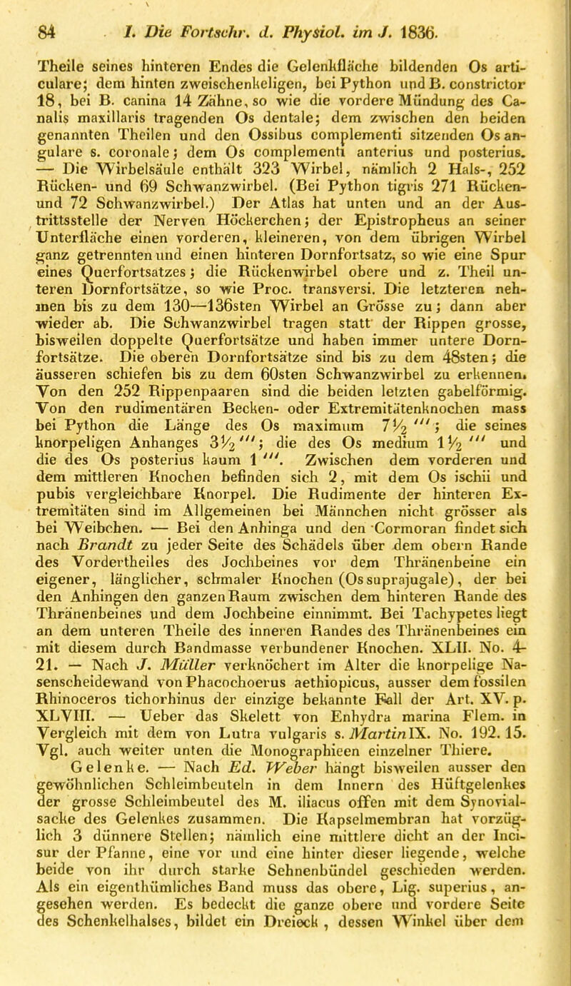 Theile seines hinteren Endes die Gelenkfläche bildenden Os arti- culare; dem hinten zwoischenheligen, bei Python und B. constrictor 18, bei B. canina 14 2iähne,so wie die vordere Mündung des Ca- nalis maxillaris tragenden Os dentale; dem zwischen den beiden genannten Thailen und den Ossibus complementi sitzenden Os an- gulare s. coronale j dem Os complementi anterius und posterius. — Die Wirbelsäule enthält 323 Wirbel, nämlich 2 Hals-, 252 Rücken- und 69 Schwanzwirbel. (Bei Python tigris 271 Rücken- und 72 Schwanzwirbel.) Der Atlas hat unten und an der Aus- trittsstelle der Nerven Höckerchen; der Epistropheus an seiner Unterfläche einen vorderen, kleineren, von dem übrigen Wirbel ganz getrennten und einen hinteren Dornfortsatz, so wie eine Spur eines Querfortsatzes die Rückenwirbel obere und z. Theil un- teren Dornfortsätze, so wie Proc. transversi. Die letzteren neh- men bis zu dem 130—^136sten Wirbel an Grosse zu j dann aber wieder ab. Die Suhwanzwlrbel tragen statt der Rippen grosse, bisweilen doppelte Querfortsätze und haben immer untere Dorn- fortsätze. Die oberen Dornfortsätze sind bis zu dem 48sten; die äusseren schiefen bis zu dem 60sten Schwanzwirbel zu erkennen. Von den 252 Rippenpaaren sind die beiden letzten gabelförmig. Von den rudimentären Becken- oder Extremitätenknochen mass bei Python die Länge des Os maximum 7^4 > seines knorpeligen Anhanges 3^2die des Os medium 1^2 die des Os posterius kaum 1 Zwischen dem vorderen und dem mittleren Knochen befinden sich 2, mit dem Os ischii und pubis vergleichbare Knorpel. Die Rudimente der hinteren Ex- tremitäten sind im Allgemeinen bei Männchen nicht grösser als bei Weibchen. — Bei den Anhinga und den Cormoran findet sich nach Brandt zu jeder Seite des Schädels über dem obern Rande des Vordertheiles des Jochbeines vor dem Thränenbeine ein eigener, länglicher, schmaler Knochen (Ossuprajugale), der bei den Anhingen den ganzen Raum zwischen dem hinteren Rande des Thränenbeines und dem Jochbeine einnimmt. Bei Tachypetes liegt an dem unteren Theile des inneren Randes des Thränenbeines ein mit diesem durch Bandmasse verbundener Knochen. XLII. No. 4- 21. — Nach J. Müller verknöchert im Alter die knorpelige Na- senscheidewand vonPhacochoerus aethiopicus, ausser dem fossilen Rhinoceros tichorhinus der einzige bekannte Fall der Art. XV. p. XLVin. — Ueber das Skelett von Enhydra marina Flem. in Vergleich mit dem von Lutra vulgaris s. MartinW. No. 192.15. Vgl. auch weiter unten die Monographieen einzelner Tliiere. Gelenke. ■— Nach Ed. Weber hängt bisweilen ausser den gewöhnlichen Schleimbeuteln in dem Innern des Hüftgelenkes der grosse Schleimbeutel des M. iliacus offen mit dem Synovial- sacke des Gelenkes zusammen. Die Kapselmembran hat vorzüg- lich 3 dünnere Stellen; nämlich eine mittlere dicht an der Inci- sur der Pfanne, eine vor und eine hinter dieser liegende, welche beide von ihr durch starke Sehnenbündel geschieden werden. Als ein eigenthümliches Band muss das obere, Lig. superius, an- gesehen werden. Es bedeckt die ganze obere und vordere Seite des Schenkelhalses, bildet ein Dreieck , dessen Winkel über dem