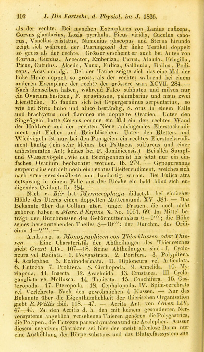 als der rechte. Bei manchen Exemplaren von Lanius ruficeps, Corvus glandarius, Loxia pyrrliula, Picus viridis, Cuculus cano- rus, Vanellus cristatus, Numenius phaeopus und Sterna hirundo zeigt, sich während der Paarungszeit der linke Testihel doppelt so gross als der rechte. Grösser erscheint er auch bei Arten von Corvus, Gurdus, Accentor, Emberiza, Parus, Alauda, F'ringilla, Picus, Cuculus, Alcedo, Yunx, Fulica, Gallinula, Rallus , Podi- ceps, Anas und dgl. Bei der Taube zeigte sich das eine Mal der linke Hode doppelt so gross, als der rechte; w^ährend hei einem anderen Exemplare der rechte der grössere war. XCVII. 284. — ■Nach demselben haben, während Faico subbuteo und milvus nur ein Ovarium besitzen, F. aeruginosus, palumbarlus und nisus zwei Eierstöcke. Es fanden sich bei Gypergeraiinus serpentarius, so wie bei Strix bubo und aluco beständig, S. otus in einem Falle und brachyotus und flammea nie doppelte Ovarien. Unter den Singvögeln hatte Corvus corone ein Mal ein der rechten Wand der Hohlvene und der rechten Niere anhängendes Eierstockrudi- ment mit Eichen und Keimbläschen. Unter den Rletter- und Wiedvögeln ist nur bei den Papageien ein rechtes Eierstocksrudi- ment häufig (ein sehr kleines bei Psittacus sulfureus und einer unbestimmten Art; keines bei P. dominicensis.) Bei allen Sumpf- und Wasservögeln, wie den Brevipeiinen ist bis jetzt nur ein ein- faches Ovarium beobachtet worden. Ib. 279. — Gypogerannus serpentarius enthielt noch ein rechtes Eileiterrudiment, weiches sich nach vcrrn verschmälerte und bandartig wurde. Bei Fulica atra entsprang in einem Falle aus der Kloake ein bald blind sich en- digendes Oviduct. Ib. 284. — Nach V. Bär hat Myrmecophaga didactyla bei einfacher Höhle des Uterus einen doppelten Muttermund. XV 384. — Das Bekannte über das Collum uteri junger Frauen, die noch nicht geboren haben s. Marc. d'Espine X. No. 1061. 69. Im Mittel be- trägt der Durchmesser des Gebärmutterhalses 6—9'; die Höhe seines her-vorsteheuden Theiles 8—10'; der Durchra. des Orifi- cium 1—2'. — , Anhang, a. Monographieen von Thierklassen oder Thie- len. — Eine Charaterislik der Abtheilungen des Thierreiches gieht Grant LIY. 107—18. Seine Abtheilungen sind : I. Cyclo- neura vel Radiata. 1. Polygastrica. 2. Porifera. 3. Polypifera. 4. Acalephae. 5. Echinodermata. II. Diploneura vel Articulata. 6. Entozoa 7. Prolifera. 8. Cirrhopoda. 9. Annelida. 10. My- riapoda. 11. Insecta. 12. Arachnida. 13. Crustacea. III. Cyclo- gangliata vel Mollusca. 14. Tunicata. 15. ConchiFera. 16. Gas- teropoda. 17. Pteropoda. 18. Cephalopoda. IV. Spini-cerebrata vel Verlebrata. Nach den gewöhnlichen 4 Klassen. — Nur das Bekannte über die Eigenthümlichkeit der thierischen Organisation gieht R. Willis ibid. 118.—47. — Acrita Art. von Owen LIV. 47—49. Zu den Acrilis d. h. den mit keinem gesonderten Ner- vensysteme angeblich versehenen Thieren gehören die Polygastrica, die Polypen, die Entozoa parcnchymatosa und die Acalephen. Ausser diesem negativen Charakter sei hier der meist afterlose Darm nur eine Aushöhlung der Körpersubstanz und das Blutgcfässsystem .cm