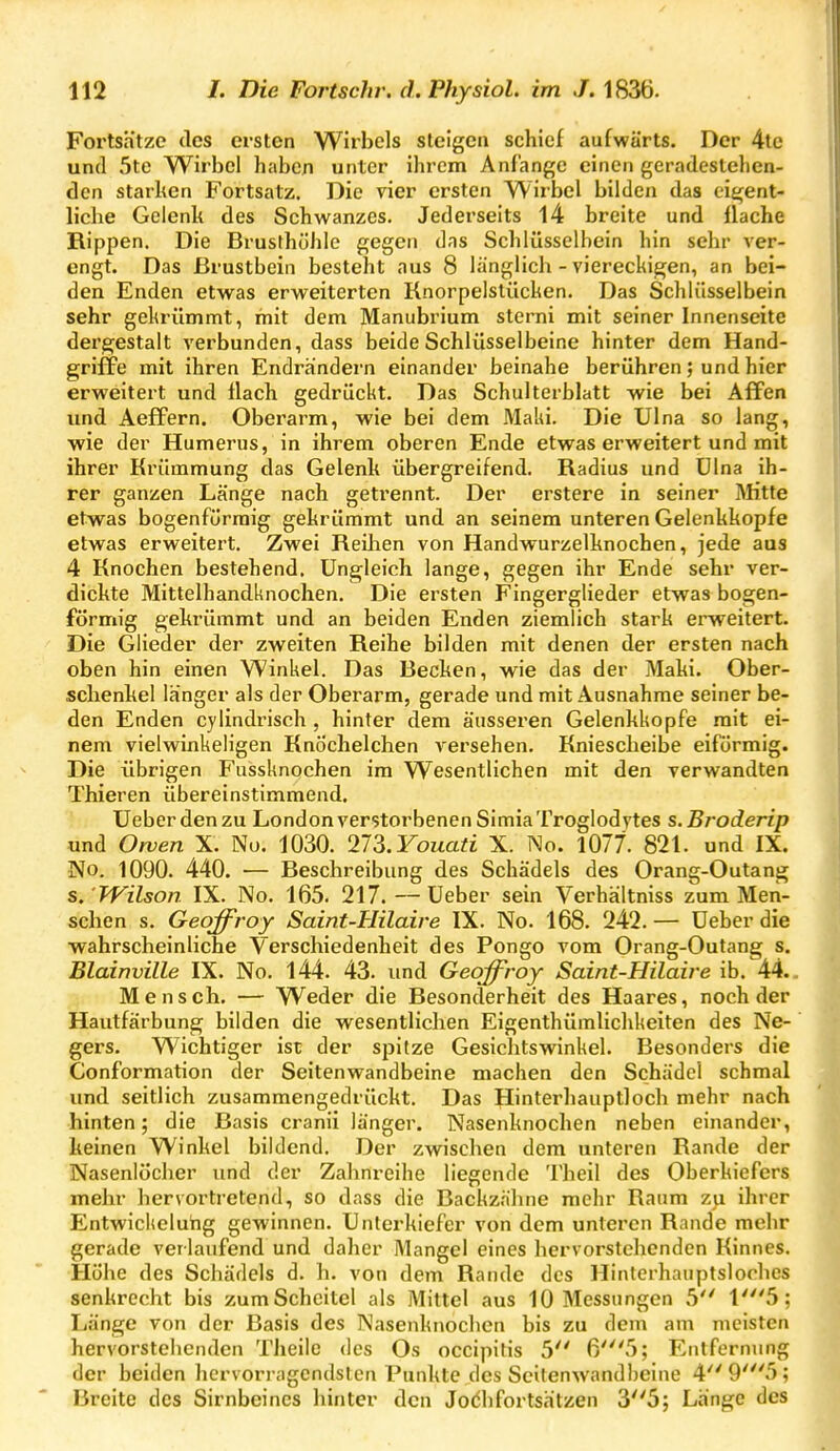 Fortsätze des ersten Wirbels steigen schief aufwärts. Der 4tc und 5te Wirbel haben unter ihrem Anfange einen geradestehen- den starken Fortsatz. Die vier ersten Wirbel bilden das eit^ent- liche Gelenk des Schwanzes. Jederseits 14 breite und flache Rippen. Die Brusthöhle gegen das Schlüsselbein hin sehr ver- engt. Das Brustbein besteht aus 8 länglich - viereckigen, an bei- den Enden etwas erweiterten Knorpelstücken. Das Schlüsselbein sehr gekrümmt, mit dem Manubrium sterni mit seiner Innenseite dergestalt verbunden, dass beide Schlüsselbeine hinter dem Hand- griffe mit ihren Endrändei-n einander beinahe berühren; und hier erweitert und flach gedrückt. Das Schulterblatt wie bei Affen und Aeffern. Oberarm, wie bei dem Maki. Die Ulna so lang, wie der Humerus, in ihrem oberen Ende etwas erweitert und mit ihrer Krümmung das Gelenk übergreifend. Radius und ülna ih- rer ganzen Länge nach geti'ennt. Der erstere in seiner Mitte etwas bogenförmig gekrümmt und an seinem unteren Gelenkkopfe etwas erweitert. Zwei Reilien von Handwurzelknochen, jede aus 4 Knochen bestehend. Ungleich lange, gegen ihr Ende sehr ver- dickte Mittelhandknochen. Die ersten Fingerglieder etwas bogen- förmig gekrümmt und an beiden Enden ziemlich stark erweitert. Die Glieder der zweiten Reihe bilden mit denen der ersten nach oben hin einen Winkel. Das Becken, wie das der Maki. Ober- schenkel länger als der Oberarm, gerade und mit Ausnahme seiner be- den Enden cylindrisch , hinter dem äusseren Gelenkkopfe mit ei- nem vielwinkeligen Knöchelchen versehen. Kniescheibe eiförmig. Die übrigen Fussknochen im Wesentlichen mit den verwandten Thieren übereinstimmend. Ueberdenzu London verstorbenen SimiaTroglodytes s. Broderip und Owen X. No. 1030. 273.Youati X. IMo. 1077. 821. und IX. No. 1090. 440. •— Beschreibung des Schädels des Orang-Outang s. 'TVilson IX. No. 165. 217.—Ueber sein Verhältniss zum Men- schen s. Geoffroy Saint-Hilaire IX. No. 168. 242.— üeber die wahrscheinliche Verschiedenheit des Pongo vom Orang-Outang s. Blainville IX. No. 144. 43. und Geoffroy Saint-Hilaire ib. 44.. Mensch. — Weder die Besonderheit des Haares, noch der Hautfärbung bilden die wesentlichen Eigenthümlichkeiten des Ne- gers. Wichtiger ist der spitze Gesichtswinkel. Besonders die Conformation der Seitenwandbeine machen den Schädel schmal und seitlich zusammengedrückt. Das Hinterhauptloch mehr nach hinten; die Basis cranii länger. Nasenknochen neben einander, keinen Winkel bildend. Der zwischen dem unteren Rande der Nasenlöcher und der Zahnreihe liegende Theil des Oberkiefers mehr hervortretend, so dass die Backzähne mehr Raum zu ihrer Entwickcluhg gewinnen. Unterkiefer von dem unteren Rande mehr gerade verlaufend und daher Mangel eines hervorstehenden Kinnes. Höhe des Schädels d. h. von dem Rande des Ilinterhauptslocbes senkrecht bis zum Scheitel als Mittel aus 10 Messungen 5 l'5; Länge von der Basis des Nasenknochen bis zu dem am meisten hervorstehenden Theile des Os occipitis 5 6'5; Entfernung der beiden hcrvon-agendslen Punkte des Seitenwandbeine 49'5; Breite des Sirnbeines hinter den Jodhfortsätzen 35; Länge des