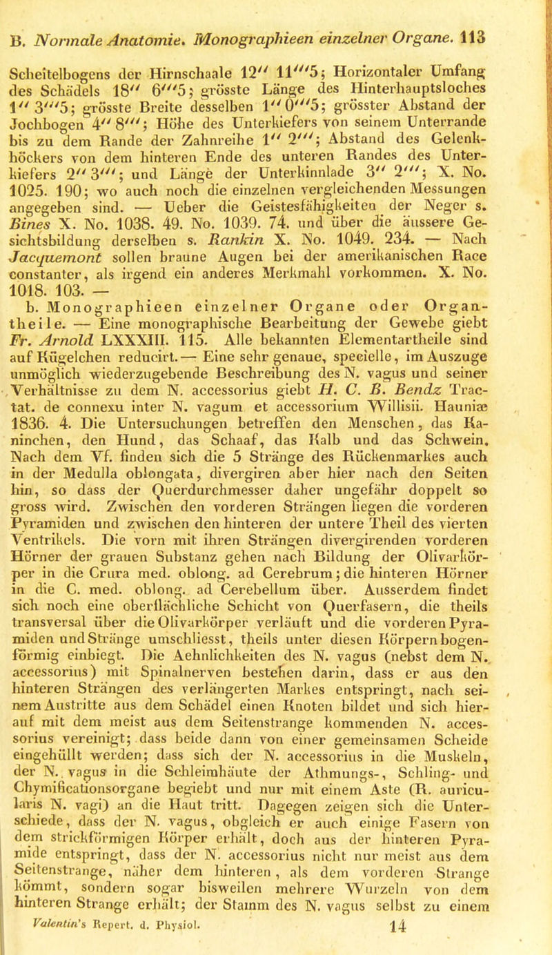 Scheitelbogens der Hirnschaale 12 ll'^Sj Horizontaler Umfang; des Schädels 18 6'5; grösste Länge des Hinterliauptsloches 13'5; grösste Breite desselben 10'5; grösster Abstand der Jocbbogen 4 8' 5 Höhe des Unterkiefers von seinem Unterrande bis zu dem Bande der Zahnreihe 1 2'; Abstand des Gelenk- höckers von dem hinteren Ende des unteren Bandes des Unter- kiefers 2 3'; und Länge der Unterkinnlade 3'' 2'; X. No. 1025. 190; wo auch noch die einzelnen vergleichenden Messungen angegeben sind. — Ueber die Geistesfähigkeiteo der Neger s. Eines X. No. 1038. 49. No. 1039. 74. und über die äussere Ge- sichtsbildung derselben s. Rankin X. No. 1049. 234. — Nach Jacquemont sollen braune Augen bei der amerikanischen Bace constanter, als irgend ein anderes Merkmahl vorkommen. X. No. 1018. 103. — b. Monographieen einzelner Organe oder Organ- theile. — Eine monographische Bearbeitung der Gewebe giebt Fr. Arnold LXXXIII. 115. Alle bekannten Elementartheile sind auf Kügelchen reducirt.—r Eine sehr genaue, specielle, im Auszuge unmöglich wiederzugebende Beschreibung des N. vagus und seiner Verhältnisse zu dem N. accessorius giebt H. C. ß. Bendz Trac- tat. de connexu inter N. vagum et accessorium Willisii. Hauniaj 1836. 4. Die Untersuchungen betreffen den Menschen, das Ka- ninchen, den Hund, das Schaaf, das Kalb und das Schwein. Nach dem Vf. finden sich die 5 Stränge des Bückenmarkes auch in der Medulla oblongata, divergiren aber hier nach den Seiten hin, so dass der Querdurchmesser daher ungefähr doppelt so gross wird. Zwischen den vorderen Strängen liegen die vorderen Pyramiden und zwischen den hinteren der untere Theil des vierten Ventrikels. Die vorn mit ihren Strängen divergirenden vorderen Hörner der grauen Substanz gehen nach Bildung der Olivarkör- per in die Crura med. oblong, ad Cerebrum; die hinteren Hörner in die C. med. oblong, ad Cerebellum über. Ausserdem findet sich noch eine cberilächliche Schicht von Querfasern, die theils transversal über die Olivarkörper verläuft und die vorderen Pyra- miden und Stränge umschliesst, theils unter diesen Körpern bogen- förmig einbiegt. Die Aehnlichkeiten des N. vagus (nebst dem N.. accessorius) mit Spinalnerven bestehen darin, dass er aus den hinteren Strängen des verlängerten Markes entspringt, nach sei- nem Austritte aus dem Schädel einen Knoten bildet und sich hier- auf mit dem meist aus dem Seitenstrange kommenden N. acces- sorius vereinigt; dass beide dann von einer gemeinsamen Scheide eingehüllt werden; dass sich der N. accessorius in die Muskeln, der N.. vagus in die Schleimhäute der Athmungs-, Schling- und Chymificationsorgane begiebt und nur mit einem Aste (B. auricu- laris N. vagi) an die Haut tritt. Dagegen zeigen sich die Unter- schiede, dass der N. vagus, obgleich er auch einige Fasern von dem strickfürmigen Körper erhält, doch aus der hinteren Pyra- mide entspringt, dass der N. accessorius nicht nur meist aus dem Seitenstrange, naher dem liinteren, als dem vorderen Strange kömmt, sondern sogar bisweilen mehrere Winzeln von dem hinteren Strange erhält; der Stamm des N. vagus selbst zu einem Valentin's Repei t, d. Phy.sioI. 14