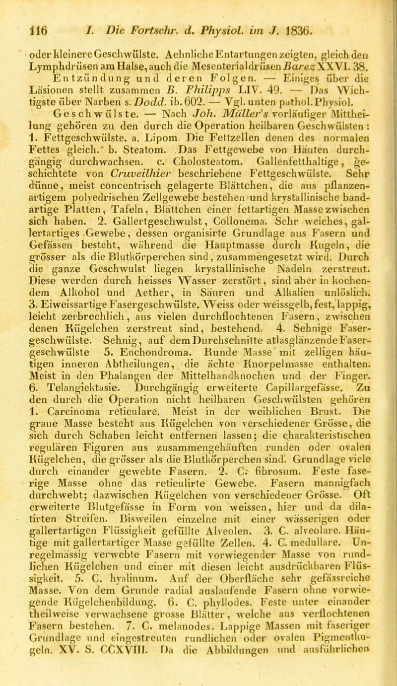 oder kleinere Geschwülste, Aehnliche Entartungen zeigten, gleich den Lymphdrüsen am Halse, auch die Mesenterialdrüsen Barez XXVI. 38. Entzündung und deren Folgen. — Einiejes über die Läsionen stellt zusammen B. Philipps LIV. 49. — Das Wich- tigste über Narben s. Dodd. ib. 602. — Vgl. unten pathol.Physiol. Geschwülste. — Nach Joh. Müller's vorVduti^er Mitthei- lung gehören zu den durch die Operation heilbaren Geschwülsten : 1. Fettgesehwülste, a. Lipom. Die Fettzellen denen des noi malen Fettes gleich. b. Steatom. Das Fettgewebe von Häuten durch- gängig dui'chwachsen. c. Cholesteatom. Gallenfetthaltige, ge- schichtete von Cruveilhier beschriebene Fettgeschwülste. Sehr dünne, meist concentrisch gelagerte Blättchen, die aus pflanzen- artigem polyedrischen Zellgewebe bestehen und krystallinische band- artige Platten, Tafeln, Blättchen einer fettartigen Masse zwischen sich haben. 2. Gallertgeschwulst, Colloneraa. Sehr weiches, gal- lei'tartiges Gewebe, dessen organisirte Grundlage aus Fasern und Gefässen besteht, während die Hauptmasse durch Kugeln, die grosser als die Blutkörperchen sind, zusammengesetzt wird. Durch die ganze Geschwulst liegen hrystallinische Nadeln zerstreut. Diese werden durch heisses Wasser zerstört, sind aber in kochen- dem Alkohol und Aether, in Säuren und Alkalien unlöslich. 3. Eiweissartige Fasergeschwülste. Weiss oder weissgelb,fest, lappig, leicht zerbrechlich, aus vielen durchÜochtenen Fasern, zwischen denen Kügelchen zerstreut sind, bestehend. 4. Sehnige Faser- geschwülste. Sehnig, auf dem Durchschnitte atlasglänzende Faser- geschwülste 5. Enchondroma. Runde Masse'mit zelligen häu- tigen inneren Abtheilungen, die ächte Knorpelmasse enthalten. Meist in den Phalangen der Mittelhandknochen und der Finger. 6- Telangiektasie. Duixhgängig erweiterte Capillargefässe. Zu den durch die Operation nicht heilbaren Geschwülsten gehören 1. Carcinoma reticulare. Meist in der weiblichen Brust. Die graue Masse besteht aus Kügelchen von verschiedener Grösse, die sich durch Schaben leicht entfernen lassen; die oliarakteristischen regulären Figuren aus zusammengehäuften runden oder ovalen Kügelchen, die grösser als die Blutkörperchen sind'. Grundlage viele durch einander gewebte Fasern. 2. C. fibrosum. Feste fase- rige Masse ohne das reticulirte Gewebe. Fasern mannigfach durchwebt; dazwischen Kügelchen von verschiedener Grösse. Oft erweiterte Blutgefässe in Form von weissen, hier und da dila- lirten Streifen. Bisweilen einzelne mit einer wässerigen oder gallertartigen Flüssigkeit gefüllte Alveolen. 3. C. alveolare. Häu- tige mit gallertartiger Masse gefüllte Zellen. 4. C. medulläre. Un- regelmässig verwebte Fasern mit vorwiegender Masse von rund- lichen Kügelchen und einer mit diesen leicht ausdrückbaren Flüs- sigkeit. 5. C. hyalinum. Auf der Oberfläche sehr gefässrciche Masse. Von dem Grunde radial auslaufende Fasern ohne vorwie- gende Kügelchenbildung. 6. C. phyllodes. Feste unter einander theilweise verwachsene grosse Blätter, welche ans verflochtenen Fasern bestehen. 7. C. melanodes. Lappige Massen mit faseriger Grundlage und eingestreuten rundlichen oder ovalen Pigmciitku- geln. XV. S. CCXVni. Da die Abbildungen und ausführlichen