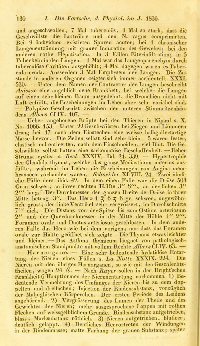 und angeschwollen, 7 Mal liiberculös, 1 Mal so stark, dass die Geschwülste die Luftröhre und den N. va^us comprimirten. Bei 9 Individuen existirten Spuren acuter; bei 1 chronischer Lungenentzündung mit grauer Induration des Gewebes; bei den anderen rothe Hepatisation. In 3 F'allen Eiterinfiltration; in 5 Tuberkeln in den Lungen. 1 Mal war das Lungenparenchym durch tuberculose Cavitäten ausgehöhlt; 4 Mal dagegen waren es Tuber- cula cruda. Ausserdem 3 Mal Emphysem der Lungen. Die Zu- stände in anderen Organen zeigten sich immer accidentell. XXXI. 530. — Unter dem Namen der Contractur der Lungen beschreibt Anissac eine angeblich neue Krankheit, bei welcher die Lungen auf einen sehr kleinen Raum ausgedehnt, die Bronchien nicht mit Luft erfüllt, die Erscheinungen im Leben aber sehr variabel sind. — Polypose Geschwulst zwischen den unteren Stimmritzenbän- dern Alhers CLIV. 107. — ^ Ueber angeborene Kröpfe bei den Thieren in Nipaul s. X. No. 1066. 153, Unter 22 Geschwülsten bei Ziegen und Lämmern drang bei 17 nach dem Einstechen eine weisse halbgailertartige Masse hervor. Die Zellen selbst sind sehr klein. 5 waren fester, elastisch und entleerten, nach dem Einschneiden, viel Blut. Die Ge- schwülste selbst halten eine sarkomatöse Beschaffenheit. — Ueber Struma cystica s. Beck XXXIV. Bd. 24. 339. — Hypertrophie der Glandula thymus, welche das ganze Mediastinum anterius aus- füllte, während im Leben die Erscheinungen von Angina mem- branacea voi'handen waren. Schneider XLVIII. 24. Zwei ähnli- che Fälle ders. ibid. 42. In dem einen Falle war die Drüse 504 Gran schwer; an ihrer rechten Hälfte 3 8', an der linken 3'' 1' lang.' Der Durchmesser der ganzen Breite der Drüse in ihrer Mitte betrug 3. Das Herz- 1 ^ 6 5 6 gr. schwer; ungewöhn- lich gross; der linke Ventrikel sehr vergrössert, im Durchschnitte 1' dick. Die Distanz von der Spitze bis zum Ostium arteriosum 2 und der Querdurchmesser in der Mitte der Höhle \ T. Foramen ovale und Ductus arleriosus geschlossen. In dem ande- ren Falle das Herz wie bei dem vorigen; nur dass das Foramen ovale zur Hälfte geöffnet sich zeigte. Die Thymus etwas leichter und kleiner. — Das Asthma thymicum läugnet von pathologisch- anatomischem Standpunkte mit vollem Bechte Albers CLIV. 63. — Harnorgane. — Eine sehr bedeutende hydatidöse Entar- tung der Nieren eines Füllen s. La Notte XXXIX. 224. Die Nieren mit den übrigen Harnorganen, so wie mit den Geschlechts- theilen, wogen 24 ^. — Nach Rayer sollen in der Bright'schen Krankheit 6 Hauptformen der Nierenentartung vorkommen. 1) Be- deutende Vermehrung des Umfanges der Nieren bis zu dem dop- pelten und dreifachen; Injection der Rindensubstanz, vorzüglich der Malpighischen Körperchen. Der ersten Periode des Leidens angehörend. 2) -Vcrgrösserung des Lumen der Thcile und des Gewichtes der Nieren; mehr ausgesprochene Lappen mit rothen Flecken auf weissgelblichem Grunde. Rindensubstanz aufgetrieben, blass ; Marksubstanz röthlich. 3) Nieren aufgetrieben, blutleer, deutlich gelappt. 4) Deutliches Hervortreten der VVindungen in der Rindenmasse; matte Färbung der grauen Substanz; später