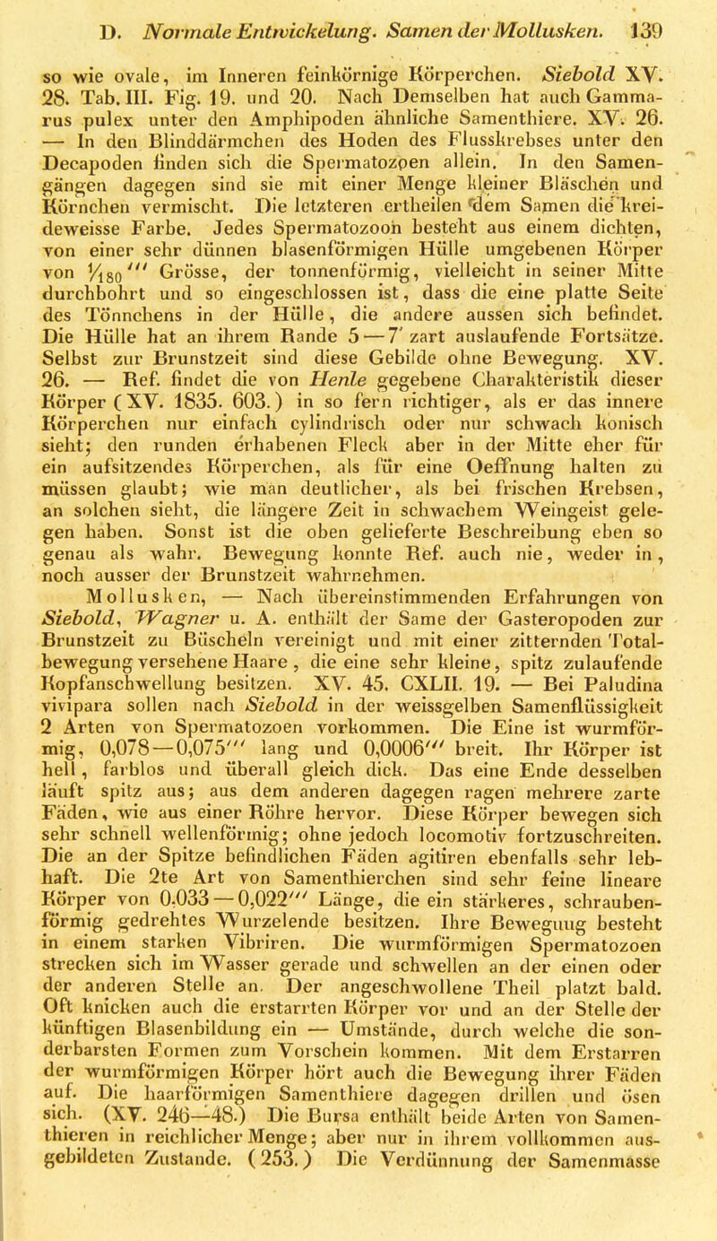 so wie ovale, im Inneren feinkörnige Körperchen. Siebold XV. 28. Tab. III. Fig. 19. und 20. Nach Demselben hat auch Gamma- rus pul ex unter den Amphipoden ähnliche Samenthiere. XV; 26. — In den Blinddärmchen des Hoden des Flusskrebses unter den Decapoden linden sich die Speimatozpen allein. In den Samen- gängjen dagegen sind sie mit einer Menge kleiner Bläschen und Körnchen A'^ermischt. Die letzteren ertheilen 'dem Samen die'krei- deweisse Farbe, Jedes Spermatozooh besteht aus einem dichten, von einer sehr dünnen blasenförmigen Hülle umgebenen Körper von Vi8o' Grösse, der tonnenförmig, vielleicht in seiner Mitte durchbohrt und so eingeschlossen ist, dass die eine platte Seite des Tönnchens in der Hülle, die andere aussen sich befindet. Die Hülle hat an ihrem Rande 5 — 7'zart auslaufende Fortsätze. Selbst zur Brunstzeit sind diese Gebilde ohne Bewegung. XV. 26. — Ref. findet die von Henle gegebene Charakteristik dieser Körper (XV. 1835. 603.) in so fern richtiger, als er das innere Körperchen nur einfach cylindrisch oder nur schwach konisch sieht; den runden erhabenen Fleck aber in der Mitte eher für ein aufsitzendes Körperchen, als für eine Oeffnung halten zu müssen glaubt; wie man deutlicher, als bei frischen Krebsen, an solchen sieht, die längere Zeit in schwachem W^eingeist gele- gen haben. Sonst ist die oben gelieferte Beschreibung eben so genau als wahr. Bewegung konnte Ref. auch nie, weder in, noch ausser der Brunstzeit wahrnehmen. Mollusken, — Nach übereinstimmenden Erfahrungen von Siebold, TVagner u. A. enthält der Same der Gasteropoden zur Brunstzeit zu Büscheln vereinigt und mit einer zitternden Total- bewegung versehene Haare 5 die eine sehr kleine, spitz zulaufende Kopfanschwelluug besitzen. XV. 45, CXLII. 19. — Bei Paludina vivipara sollen nach Siebold in der weissgelben Samenilüssigkeit 2 Arten von Spermatozoen vorkommen. Die Eine ist wurmför- mig, 0,078 — 0,075' lang und 0,0006' breit, Ihr Körper ist hell, farblos und überall gleich dick. Das eine Ende desselben läuft spitz aus; aus dem anderen dagegen ragen mehrere zarte Fäden, wie aus einer Röhre hervor. Diese Körper bewegen sich sehr schnell wellenförmig; ohne jedoch locomotiv fortzuschreiten. Die an der Spitze befindlichen Fäden agitiren ebenfalls sehr leb- haft. Die 2te Art von Samenthierchen sind sehr feine lineare Körper von 0,033 — 0,022' Länge, die ein stärkeres, schrauben- förmig gedrehtes Wurzelende besitzen. Ihre Bewegung besteht in einem starken Vibriren. Die wurmförmigen Spermatozoen strecken sich im Wasser gerade und schwellen an der einen oder der anderen Stelle an. Der angeschwollene Theil platzt bald. Oft knicken auch die erstarrten Körper vor und an der Stelle der künftigen Blasenbildung ein — Umstände, durch welche die son- derbarsten Formen zum Vorschein kommen. Mit dem Erstarren der wurmförmigen Körper hört auch die Bewegung ilirer Fäden auf Die haarförmigen Samenthiere dagegen drillen und ösen sich. (XV. 246—48.) Die Bursa enthält beide Arten von Samcn- thieren in reichlicher Menge; aber nur in ihrem vollkommen aus- gebildeten Zustande. (253.) Die Verd ünnung der Samenmasse