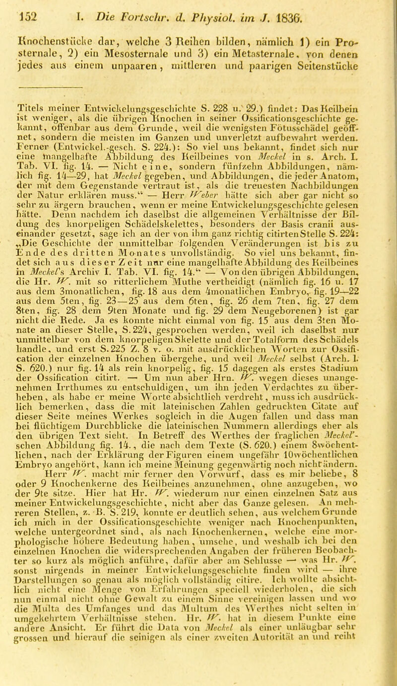 Knochenstücke dar, welche 3 Reihen bilden, nämlich 1) ein Pro- sternaie, 2) ein Mesosternale und 3) ein Metasternale. von denen jedes aus einem unpaaren, mittleren und paarigen Seitenstücke Titels meiner Entwiclielimgsgescliichte S. 228 u. 29.) findet: Das Keilbein ist weniger, als die übrigen Knochen in seiner Ossificationsgescliithte ge- liannt, offenbar aus dem Grunde, weil die wenigsten Fötusscliädel geöff- net, sondern die meisten im Ganzen und unverletzt aufbcwalirt werden. Ferner (Entwickel.-gesch. S. 224.): So viel uns beltannt, findet sich nur eine Inangelbalte Aljbiidung des Keilbeines von Mechel in s. Arch. I. Tab. VI. lig. 14. — Nicht eine, sondern fünfzehn Abbildungen, näm- lich fig. 14—29, hat i>/ec/fff/gegeben, und Abbildungen, die jeder Anatom, der mit dem Gegenstaude vertraut ist, als die treuesten Nachbildungen der Natur erklären muss. — Herr Tf^'eher hätte sich aber gar nicht so sehr zu ärgern brauchen, wenn er meine Entwicltelungsgeschichte gelesen hätte. Denn nachdem ich daselbst die allgemeinen Verliältnisse der Bil- dung des Imorpeligen Schädelsitelettes, besonders der Basis cranii aus- einander gesetzt, sage ich an der von ihm ganz richtig citirtenStelle S. 224: „Die Gescliichle der unmittelbar folgenden Veränderungen ist bis zu Ende des dritten Monates unvollständig. Soviel uns bekannt, fin- det sich aus dieserZeit nnr eine mangelhafte Abbildung des Keilbeines in MeckeCs Archiv I. Tab. VI. fig. 14.'' — Von den übrigen Abbildungen, die Hr. Pf^. mit so ritterlichem Muthe vertheidigt (näimich fig. 16 u. 17 aus dem Smonatlichen, fig. 18 aus dem 4inouatlichen Embryo, fig. 19—22 aus dem 5ten, fig. 23 — 25 aus dem 6ten, fig. 26 dem 7ten, fig. 27 dem 8ten, fig. 28 dem 9ten Monate und fig. 29 dem Neugeborenen) ist gar nicht die Rede. Ja es konnte nicht einmal von fig. 15 aus dem 3ten Mo- nate an dieser Stelle, S.224, gesprochen werden, weil ich daselbst nur unmittelbar von dem knorpeligen Skelette und der Totalform des Schädels handle. und erst S. 225 Z. 8 v, o. mit ausdrücklichen Worten zur Ossifi- cation der einzelnen Knochen übergehe, und weil Meckel selbst (Arch. 1. S. 620.) nur fig. 14 als rein knorpelig, fig. 15 dagegen als erstes Stadium der Ossification citirt. — Um nun aller Hrn. tP', wegen dieses unange- nehmen Irrthumes zu entschuldigen, um ihn jeden Verdachtes zu über- heben , als habe er meine Worte absichtlich verdreht, muss ich ausdrück- lich bemerken, dass die mit lateinischen Zahlen gedruckten Citate auf dieser Seite meines Werkes sogleich in die Augen fallen und dass man bei flüchtigem Dui'chblicke die lateinischen Nummern allerdings eher als den übrigen Text sieht. In Betreff des Werthes der fraglichen Meckel'- sehen Abbildung fig. 14., die nach dem Texte (S. 620.) einem 8wöchent- lichen, nach der Erklärung der Figuren einem ungefähr lOwöchentlichen Embryo angehört, kann ich meine Meinung gegenwärtig noch nichtändern. Herr Tf^. macht mir ferner den Vorwurf, dass es mir beliebe, 8 oder 9 Knochenkerne des Keilbeines anzunehmen, ohne anzugeben, wo der 9te sitze. Hier hat Hr. fV. wiederum nur einen einzelnen Satz aus meiner Entwickelungsgeschichte, nicht aber das Ganze gelesen. An meh- reren Stellen, z. B. S. 219, konnte er deutlich sehen, aus welchem Grunde ich mich in der Ossificationsgeschichte weniger nach Knochenpiuikten, Avelclie untergeordnet sind, als nach Knochenkernen, welche emc mor- phologische höhere Bedeutung haben, umsehe, und weshalb ich bei den einzelnen Knochen die widersprechenden Angaben der früheren Beobach- ter so kurz als möglich anführe, dafür aber am Schlüsse — was Hr. sonst nirgends in meiner Entwickelungsgeschichte finden wird — ihre Darstellungen so genau als möglich vollständig citirc. Ich wollte absicht- lich nicht eine Menge von Erfahrungen specicU wiederholen, die sich nun einmal nicht ohne Gewalt zu einem Sinne vereinigen lassen und wo die Multa des ümfanges und das Multum des Werllies nicht selten in umgekelirtcm Verhältnisse stehen. Hr. ff^. hat in diesem Punkte eine andere Ansicht. Er führt die Data von Meckel als einer unläugbar sehr grossen und hierauf die scinigon als einer /-weilen Autorität an und reiht