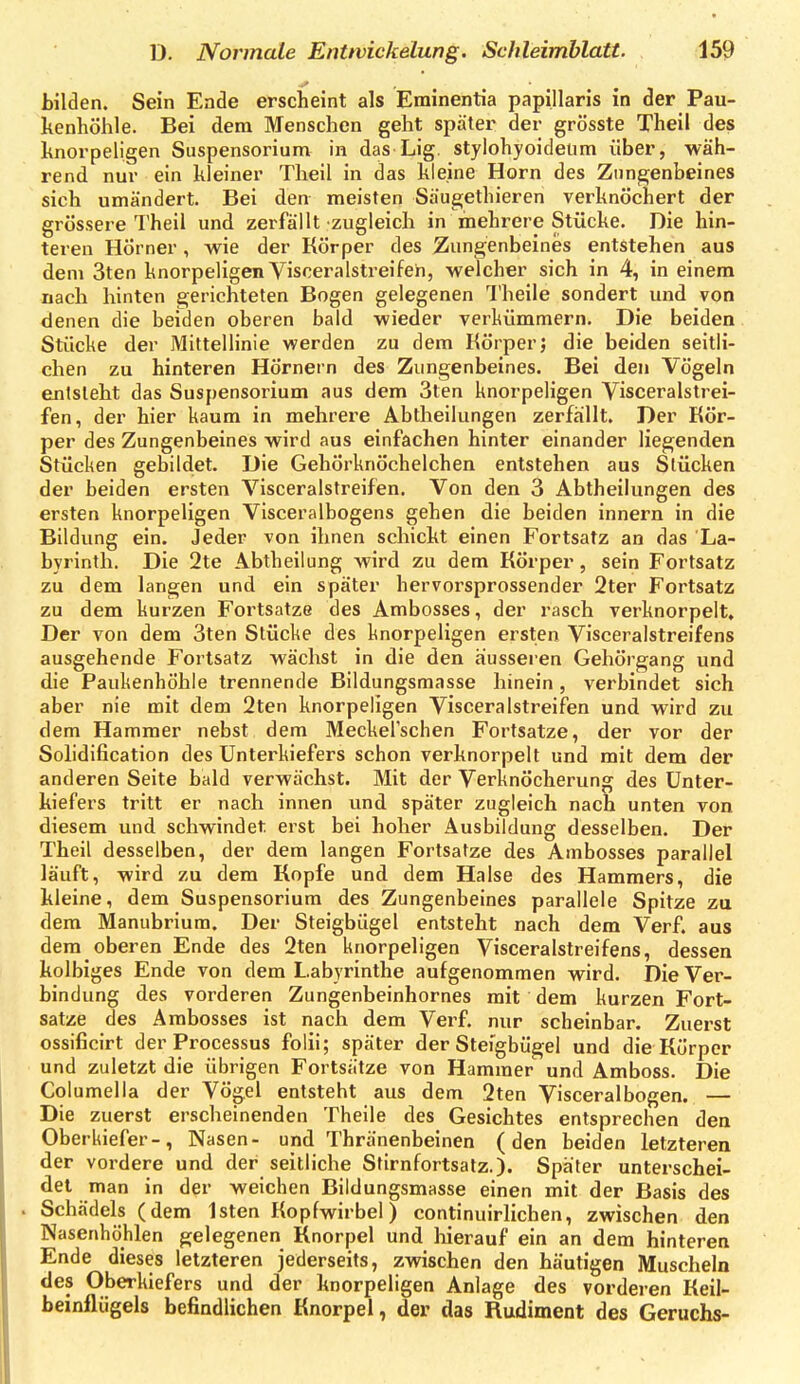 bilden. Sein Ende erscheint als Eminentia papillaris in der Pau- kenhöhle. Bei dem Menschen geht später der grösste Theil des knorpeligen Suspensorium in das Lig. stylohyoidetim über, wäh- rend nur ein kleiner Theil in das kleine Horn des Zungenbeines sich umändert. Bei den meisten Säugethieren verknöchert der grössere Theii und zerfällt zugleich in mehrere Stücke. Die hin- teren Hörner, wie der Körper des Zungenbeines entstehen aus dem 3ten knorpeligen Visceralstreifeh, welcher sich in 4, in einem nach hinten gerichteten Bogen gelegenen Theile sondert und von denen die beiden oberen bald wieder verltümmern. Die beiden Stücke der Mittellinie werden zu dem Körper j die beiden seitli- chen zu hinteren Hörnern des Zungenbeines. Bei den Vögeln entsteht das Suspensorium aus dem 3ten knorpeligen Visceralstrei- fen, der hier kaum in mehrere Abtheilungen zerfällt. Der Kör- per des Zungenbeines wird aus einfachen hinter einander liegenden Stücken gebildet. Die Gehörknöchelchen entstehen aus Stücken der beiden ersten Visceralstreifen. Von den 3 Abtheilungen des ersten knorpeligen Visceralbogens gehen die beiden Innern in die Bildung ein. Jeder von ihnen schickt einen Fortsatz an das La- byrinth. Die 2te Abtheilung wird zu dem Körper, sein Fortsatz zu dem langen und ein später hervorsprossender 2ter Fortsatz zu dem kurzen Fortsatze des Ambosses, der rasch verknorpelt. Der von dem 3ten Stücke des knorpeligen ersten Visceralstreifens ausgehende Fortsatz wächst in die den äusseren Gehörgang und die Paukenhöhle trennende Bildungsmasse hinein , verbindet sich aber nie mit dem 2ten knorpeligen Visceralstreifen und wird zu dem Hammer nebst dem Meckelschen Fortsatze, der vor der Solidification des Unterkiefers schon verknorpelt und mit dem der anderen Seite bald verwächst. Mit der Verknöcherung des Unter- kiefers tritt er nach innen und später zugleich nach unten von diesem und schwindet erst bei hoher Ausbildung desselben. Der Theil desselben, der dem langen Fortsatze des Ambosses parallel läuft, wird zu dem Kopfe und dem Halse des Hammers, die kleine, dem Suspensorium des Zungenbeines parallele Spitze zu dem Manubrium. Der Steigbügel entsteht nach dem Verf. aus dem oberen Ende des 2ten knorpeligen Visceralstreifens, dessen kolbiges Ende von dem Labyrinthe aufgenommen wird. Die Ver- bindung des vorderen Zungenbeinhornes mit dem kurzen Fort- satze des Ambosses ist nach dem Verf. nur scheinbar. Zuerst ossificirt der Processus folii; später der Steigbügel und die Körper und zuletzt die übrigen Fortsätze von Hammer und Amboss. Die Columella der Vögel entsteht aus dem 2ten Visceralbogen. — Die zuerst erscheinenden Theile des Gesichtes entsprechen den Oberkiefer-, Nasen- und Thränenbeinen (den beiden letzteren der vordere und der seitliche Stirnfortsatz.). Später unterschei- det man in der weichen Bildungsmasse einen mit der Basis des . Schädels (dem Isten Kopfwirbel) continuirlichen, zwischen den Nasenhöhlen gelegenen Knorpel und hierauf ein an dem hinteren Ende dieses letzteren jederseits, zwischen den häutigen Muscheln des Oberkiefers und der knorpeligen Anlage des vorderen Keil- beinllügels befindlichen Knorpel, der das Rudiment des Geruchs-
