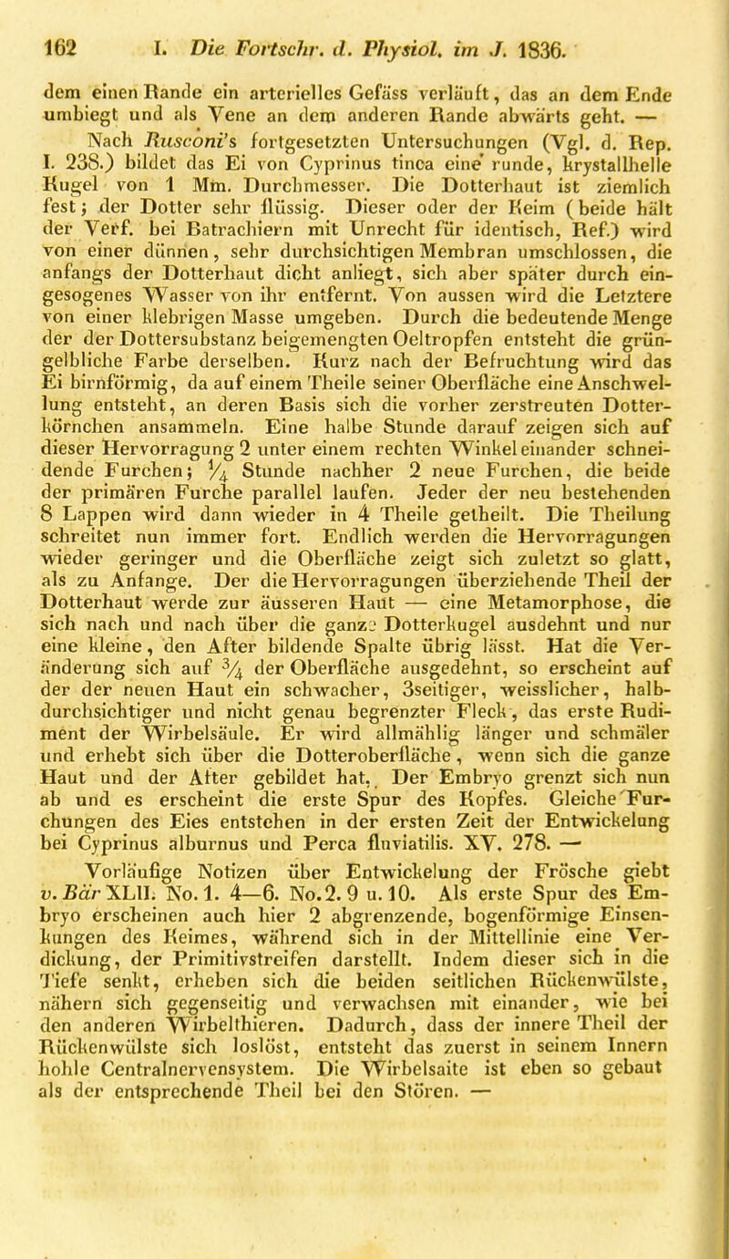 dem einen Rande ein arterielles Gefäss verläuft, das an dem Ende «mbiegt und als Vene an dem anderen Rande abwärts geht. — Nach Rusconi's fortgesetzten Untersuchungen (Vgl. d. Rep. I. 238.) bildet das Ei von Cyprinus tinca eine' runde, hrystallhelle Kugel von 1 Mm. Durchmesser. Die Dotterhaut ist ziemlich fest; der Dotter sehr flüssig. Dieser oder der Keim ( beide hält der Vei'-f, bei Batrachiern mit Unrecht für identisch, Ref.) wird von einer dünnen, sehr durchsichtigen Membran umschlossen, die anfangs der Dotterhaut dicht anliegt, sich aber später durch ein- gesogenes Wasser von ihr entfernt. Von aussen wird die Letztere von einer klebrigen Masse umgeben. Durch die bedeutende Menge der der Dottersubstanz beigemengten Oeltropfen entsteht die grün- gelbliche Farbe derselben. Kurz nach der Befruchtung wird das Ei bii'nförmig, da auf einem Theile seiner Oberfläche eine Anschwel- lung entsteht, an deren Basis sich die vorher zerstreuten Dotter- hörnchen ansammeln. Eine halbe Stunde darauf zeigen sich auf dieser Hervorragung 2 unter einem rechten Winkel einander schnei- dende Furchen; V4 Stunde nachher 2 neue Furchen, die beide der primären Furche parallel laufen. Jeder der neu bestehenden 8 Lappen wird dann wieder in 4 Theile getheilt. Die Theilung schreitet nun immer fort. Endlich werden die Hervorragungen wieder geringer und die Oberfläche zeigt sich zuletzt so glatt, als zu Anfange. Der die Hervorragungen überziehende Theil der Dotterhaut werde zur äusseren Haut — eine Metamorphose, die sich nach und nach über die ganzj Dotterkugel ausdehnt und nur eine kleine, den After bildende Spalte übrig lässt. Hat die Ver- änderung sich auf der Oberfläche ausgedehnt, so erscheint auf der der neuen Haut ein schwacher, 3seitiger, weisslicher, halb- durchsichtiger und nicht genau begrenzter Fleck, das erste Rudi- ment der Wirbelsäule. Er wird allmählig länger und schmäler und erhebt sich über die Dotteroberlläche, wenn sich die ganze Haut und der After gebildet hat, Der Embryo grenzt sich nun ab und es erscheint die erste Spur des Kopfes. Gleiche'Fur- chungen des Eies entstehen in der ersten Zeit der Entwickelung bei Cyprinus albui'nus und Perca fluviatilis. XV. 278. —■ Vorläufige Notizen über Entwickelung der Frösche giebt ü. Bar XLU. No. 1. 4—6. No.2. 9 u. 10. Als erste Spur des Em- bryo erscheinen auch hier 2 abgrenzende, bogenförmige Einsen- hungen des Keimes, während sich in der Mittellinie eine Ver- dickung, der Primitivstreifen darstellt. Indem dieser sich in die l'iefe senkt, erheben sich die beiden seitlichen Rückenwülste, nähern sich gegenseitig und verwachsen mit einander, w^ie bei den anderen Wirbelthieren. Dadurch, dass der innere Theil der Rückenwülste sich loslöst, entsteht das zuerst in seinem Innern hohle Centralnervcnsystem. Die Wirbelsaite ist eben so gebaut als der entsprechende Theil bei den Stören. —