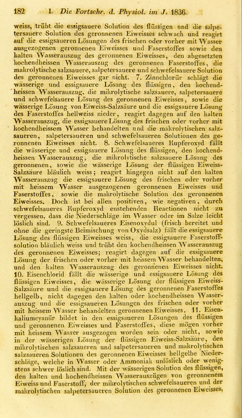 weiss, trübt die essigsauere Solution des flüssigen und die salpe- tersauere Solution des geronnenen Eiweisses sch-n ach und reagirt auf die essigsaueren Lösungen des frischen oder vorher mit Wasser ausgezogenen geronnenen Eiweisses und Faserstoffes sowie den lialten Wasserauszug des geronnenen Eiweisses, den abgesetzten kochendheissen Wasserauszug des geronnenen Faserstoffes, die makrolytische salzsauere, salpetersauere und schwefelsauere Solution des geronnenen Eiweisses gar nicht. 7. Zinnchlorür schlägt die wässerige und essigsauere Lösung des flüssigen, den kochend- 'heissen Wasserauszug, die mikrolytische salzsauere, salpetersauere und schwefelsauere Lösung des geronnenen Eiweisses, sowie die wässerige Lösung von Eiweiss-Salzsaure und die essigsauere Lösung des Faserstoffes hellweiss nieder, reagirt dagegen auf den kalten Wasserauszug, die essigsauere Lösung des frischen oder vorher mit ' kochendheissera Wasser behandelten und die makrolytischen salz- saueren, salpetersaueren und schwefelsaueren Solutionen des ge- ronnenen Eiweisses nicht. 8. Schwefelsaueres Kupferoxyd fallt die wässerige und essigsauere Lösung des flüssigen, den kochend- heissen Wasserauszug, die mikrolytische salzsauere Lösung des geronnenen, sowie die wässerige Lösung der flüssigen Eiweiss- Salzsäure bläulich weiss; reagirt hingegen nicht auf den kalten Wasserauszug die essigsauere Lösung des frischen oder vorher mit helssem Wasser ausgezogenen geronnenen Eiweisses und Faserstoffes, sowie die makrolytische Solution des geronnenen Eiweisses. Doch ist bei allen positiven, wie negativen, durch schwefelsaueres Kupferoxyd enstehenden Reactionen nicht zu vergessen, dass die Niederschläge im Wasser oder im Salze leicht löslich sind. 9. Schwefelsaueres Eisenoxydul (frisch bereitet und ohne die geringste Beimischung von Oxydsalz) fällt die essigsauere Lösung des flüssigen Eiweisses weiss, die essigsauere Faserstoff- solution bläulich Aveiss und trübt den kochendheissen Wasserauszug des geronnenen Eiweisses; reagirt dagegen auf die essigsauere Lösung der frischen oder vorher mit heissem Wasser behandelten, und den kalten Wasserauszug des geronnenen Eiweisses nicht. 10. Eisenchlorid fällt die wässerige und essigsauere Lösung des flüssigen Eiweisses, die wässerige Lösung der flüssigen Eiweiss- Salzsäure und die essigsauere Lösung des geronnenen Faserstoffes hellgelb, nicht dagegen den kalten oder kochendheissen Wasser- auszug und die essigsaueren Lösungen des frischen oder vorher mit heissem Wasser behandelten geronnenen Eiweisses. 11, Eisen- kaliumcyanür bildet in den essigsaueren Lösungen des flüssigen und geronnenen Eiweisses und Faserstoffes, diese mögen vorher mit heissem Wasser ausgezogen worden sein oder nicht, sowie in der wässerigen Lösung der flüssigen Eiweiss-Salzsäure, den mikrolytischen salzsaucren und salpetcrsaueren und makrolytischen salzsaueren Solutionen des geronnenen Eiweisses hellgelbe Nieder- schläge, welche in Wasser oder Ammoniak unlöslich oder wenig- stens schwer löslich sind. Mit der wässerigen Solution des flüssigen, den kalten und kochendheissen Wasserauszügen von geronnenem Eiweiss und Faserstoff, der mikrolytischen schwefelsaueren und der makrolytischen salpetcrsaueren Solution des geronnenen Eiweisses,