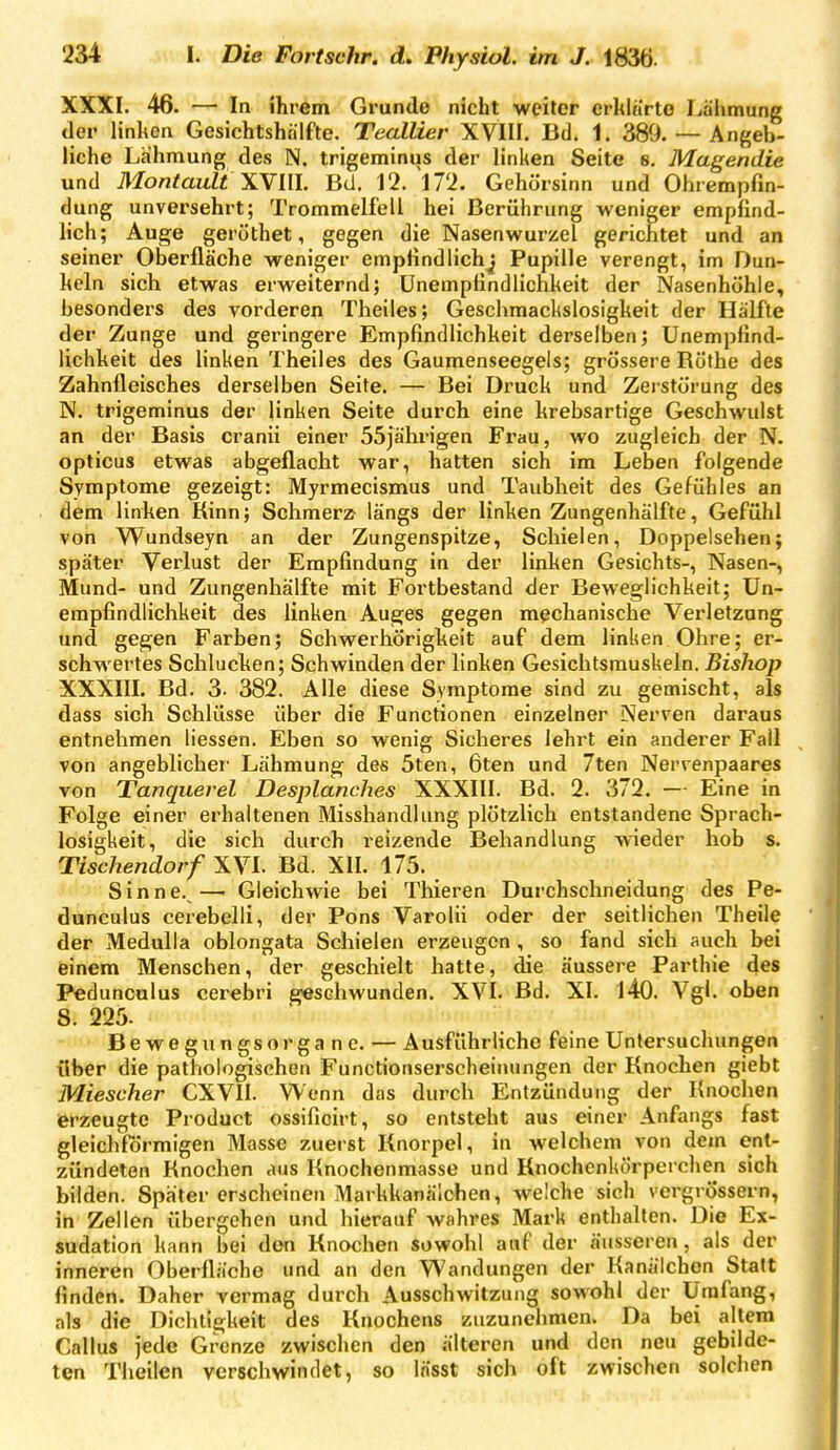 XXXI. 46. — In ihrem Grunde nicht weiter erklärte Lähmung der linken Gesichtshälfte. TealUer XVHI. Bd. 1. 389. — Angeb- liche Lahmung des N. trigeminus der linken Seite s. Magendie und Montault y^\m. ßd. \1. \T1. Gehörsinn und Ohrempfin- dung unversehi't; Trommelfell hei Berührung weniger empfind- lich; Auge geröthet, gegen die Nasenwurzel gerichtet und an seiner Oberfläche weniger empfindlich^ Pupille verengt, im Dun- keln sich etwas erweiternd; ünempfindlichkeit der Nasenhöhle, besonders des vorderen Theiles; Geschmackslosigkeit der Hälfte der Zunge und geringere Empfindlichkeit derselben; Ünempfind- lichkeit des linken Theiles des Gauraenseegels; grössere Rothe des Zahnfleisches derselben Seite. — Bei Druck und Zeistörung des N. trigeminus der linken Seite durch eine krebsartige Geschwulst an der Basis cranii einer 55jährigen Frau, wo zugleich der N. opticus etwas abgeflacht war, hatten sich im Leben folgende Symptome gezeigt: Myrmecismus und Taubheit des Gefühles an dem linken Rinn; Schmer» längs der linken Zungenhälfte, Gefühl von Wundseyn an der Zungenspitze, Schielen, Doppelsehen; später Verlust der Empfindung in der linken Gesichts-, Nasen-, Mund- und Zungenhälfte mit Fortbestand der Beweglichkeit; ün- empfindlichkeit des linken Auges gegen mechanische Verletzung und gegen Farben; Schwerhörigkeit auf dem linken Ohre; er- schwertes Schlucken; Schwinden der linken Gesicbtsmuskeln. Bishop XXXIII. Bd. 3. 382. Alle diese Symptome sind zu gemischt, als dass sich Schlüsse über die Functionen einzelner Nerven daraus entnehmen Hessen. Eben so wenig Sicheres lehrt ein anderer Fall von angeblicher Lähmung des 5ten, 6ten und 7ten Nervenpaares von Tanquerel Desplanches XXXIII. Bd. 2. 372. — Eine in Folge einer erhaltenen Missbandlung plötzlich entstandene Sprach- losigkeit, die sich durch reizende Behandlung wieder hob s. Tischendorf XVI. Bd. XII. 175. Sinne.^— Gleichwie bei Thieren Durchschneidung des Pe- danculus cerebelli, der Pons Varolii oder der seitlichen Theile der Medulla oblongata Schielen erzeugen , so fand sich auch bei einem Menschen, der geschielt hatte, die äussere Parthie des Pedunculus cerebri geschwunden. XVI. Bd. XI. l40. Vgl. oben 8. 225. Be we gun gsor ga n e. — Ausführliche feine Untersuchungen über die pathologischen Functionserscheinungen der Rnochen giebt Miescher CXVII. Wenn das durch Entzündung der Rnochen erzeugte Product ossificirt, so entsteht aus einer Anfangs fast gleichförmigen Masse zuerst Rnorpel, in welchem von dem ent- zündeten Rnochen aus Rnochenmasse und Knochenkörperchen sich bilden. Später erscheinen Markkanälchen, welche sich vergrössern, in Zellen übergehen und hierauf wahres Mark enthalten. Die Ex- sudation kann bei den Rnochen sowohl auf der äusseren, als der inneren Oberfläche und an den Wandungen der Ranäichen Statt finden. Daher vermag durch Ausschwitzung sowohl der Umfang, als die Dichtigkeit des Rnochens zuzunehmen. Da bei allem Gallus jede Grenze zwischen den älteren und den neu gebilde- ten Tlieilen verschwindet, so lässt sich oft zwischen solchen