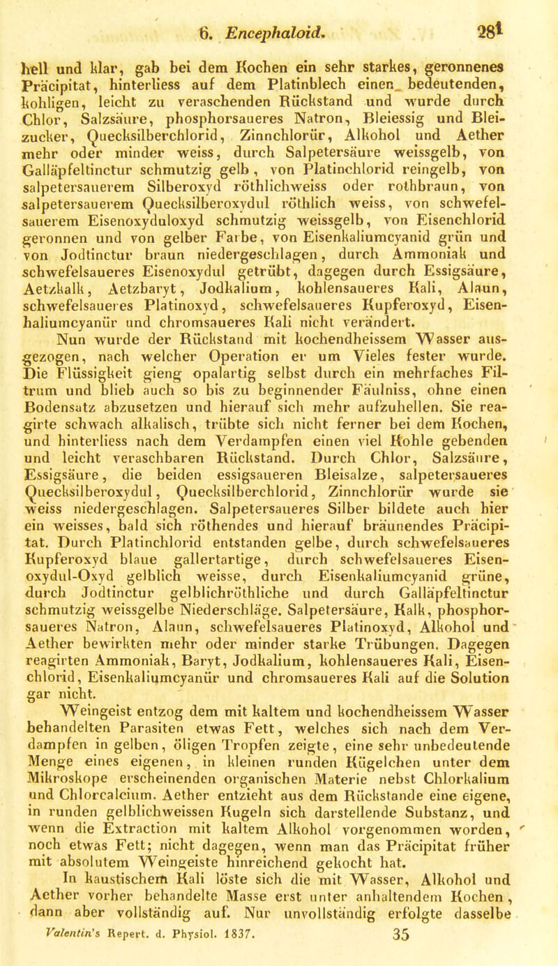 hell und klar, gab bei dem Kochen ein sehr starkes, geronnenes Präcipitat, hinterliess auf dem Platinblech einen, bedeutenden, kohligen, leicht zu veraschenden Rückstand und wurde durch Chlor, Salzsäure, phosphorsaueres Natron, Bleiessig und Blei- zucker, Quecksilberchlorid, Zinnchlorür, Alkohol und Aether mehr oder minder weiss, durch Salpetersäure weissgelb, von Galläpfeltinctur schmutzig gelb, von Platinchlorid reingelb, von salpetei'sauerem Silberoxyd röthlichweiss oder rothbraun, von salpetersauerem Quecksilberoxydul röthlich weiss, von schwefel- sauerem Eisenoxyduloxyd schmutzig weissgelb, von Eisenchlorid geronnen und von gelber Farbe, von Eisenkaliumcyanid grün und von Jodtinctur braun niedergeschlagfen, durch Ammoniak und schwefelsaueres Eisenoxydul getrübt, dagegen durch Essigsäure, Aetzkalk, Aetzbaryt, Jodkalium, kohlensaueres Kali, Alaun, schwefelsaueres Platinoxyd, schwefelsaueres Kupferoxyd, Eisen- haliumcyanür und chromsaueres Kali nicht verändert. Nun wurde der Rückstand mit kochendheissem Wasser aus- gezogen, nach welcher Operation er um Vieles fester wurde. Die Flüssigkeit gieng opalartig selbst durch ein mehrfaches Fil- trum und blieb auch so bis zu beginnender Fäulniss, ohne einen Bodensatz abzusetzen und hierauf sich mehr aufzuhellen. Sie rea- girte schwach alkalisch, trübte sich nicht ferner bei dem Kochen, und hinterliess nach dem Verdampfen einen viel Hohle gebenden und leicht veraschbaren Rückstand. Durch Chlor, Salzsäure, Essigsäure, die beiden essigsaueren Bleisalze, salpetersaueres Quecksilberoxydul, Quecksilberchlorid, Zinnchlorür wurde sie weiss niedergeschlagen. Salpetersaueres Silber bildete auch hier ein weisses, bald sich röthendes und hierauf bräunendes Präcipi- tat. Durch Platinchlorid entstanden gelbe, dui'ch schwefelsaueres Kupferoxyd blaue gallertartige, durch schwefelsaueres Eisen- oxydul-Oxyd gelblich weisse, durch Eisenkaliumcyanid grüne, durch Jodtinctur gelblichröthliche und durch Galläpfeltinctur schmutzig weissgelbe Niederschläge. Salpetersäure, Kalk, phosphor- saueres Natron, Alaun, schwefelsaueres Platinoxyd, Alkohol und Aether bewirkten mehr oder minder starke Trübungen. Dagegen reagirten Ammoniak, Baryt, Jodkalium, kohlensaueres Kali, Eisen- chlorid, Eisenkaliumcyanür und chromsaueres Kali auf die Solution gar nicht. Weingeist entzog dem mit kaltem und kochendheissem VVasser behandelten Parasiten etwas Fett, welches sich nach dem Ver- dampfen in gelben, öligen Tropfen zeigte, eine sehr unbedeutende Menge eines eigenen, in kleinen runden Kügelchen unter dem Mikroskope erscheinenden organischen Materie nebst Chlorkalium und Chlorcaicium. Aether entzieht aus dem Rückstände eine eigene, in runden gelblichweissen Kugeln sich darstellende Substanz, und wenn die Extraction mit kaltem Alkohol vorgenommen worden,  noch etwas Fett; nicht dagegen, wenn man das Präcipitat früher mit absolutem Weingeiste hinreichend gekocht hat. In kaustischem Kali löste sich die mit Wasser, Alkohol und Aether vorher behandelte Masse erst unter anhaltendem Kochen, dann aber vollständig auf. Nur unvollständig erfolgte dasselbe Valentin's Repert. d. Physiol. 1837. 35