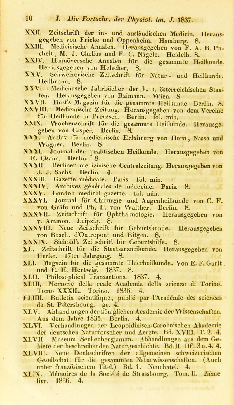 XXII. Zeitschrift der in- und ausländischen Medicin. Heraus- g;eg;eben von Friche und Oppenheim, Hamburg. 8. XXIII. Mediclnische Annalen. Herausgegeben von F. Ä. B. Pu- chelt, M. J. Chelius und F. C. Nägele. Heidelb. 8. XXIV. Hannoversche Annalen für die gesammte Heilkunde. Herausgegeben von Holscher, 8. XXV. Schvpeizerische Zeitschrift für Natur- und Heilkunde. Heilbronn. 8. XXVI. Medicinische Jahrbücher der k. k. österreichischen Staa- ten. Herausgegeben von Raimann. Wien, 8. XXVII. Rust's Magazin für die gesammte Heilkunde. Berlin. 8. XXVIII. Medicinische Zeitung. Herausgegeben von dem Vereine für Heilkunde in Preussen. Berlin, fol. min. XXIX. Wochenschrift für die gesammte Heilkunde. Herausge- geben von Casper. Berlin. 8. XXX. Archiv für medicinische Erfahrurg von Horn, Nasse und Wagner. Berlin. 8. XXXI. Journal der praktischen Heilkunde. Herausgegeben von E. Osann. Berlin. 8. XXXII. Berliner medizinische Centraizeitung. Herausgegeben von J. J. Sachs. Berlin. 4. XXXIII. Gazette medicale. Paris, fol. min. XXXIV. Archives generales de me'decine. Paris. 8. XXXV. London medical gazette. fol. min. XXXVI. Journal für' Chirurgie und Augenheilkunde von C. F. von Gräfe und Ph. F. von Walther. Berlin. 8. > XXXVII. Zeitschrift für Ophthalmologie. Herausgegeben von y. Ämraon. Leipzig. 8. XXXVIII. Neue Zeitschrift für Geburtskunde. Herausgegeben von Busch, d'Outrepont und Ritgen, 8. XXXIX. Siebold's Zeitschrift für Geburtshilfe. 8. XL. Zeitschrift für die Staatsarzneikunde. Herausgegeben von Henke. I7ter Jahrgang. 8. XLI. Magazin für die gesammte Thierheilkunde. VonE. F. Gurlt und E. H. Hertwig. 1837. 8. XLII. Philosophical Transactions. 1837. 4. XLIII. Memorie della reale Academia della scienze di Torino. Tomo XXXIL. Torino. 1836. 4. ELIIII. Bulletin scientifique, publid per l'Acaddmie des sciences de St. Petersbourg. gr. 4. XLV. Abhandlungen der königlichen Academie der Wissenschaften. Aus dem Jahre 1835. Berlin. 4. XL VI. Verhandlungen der Leopoldinisch-Carolinischen Akademie der deutschen Naturforscher und Aerzte. Bd. XVIU. T. 2. 4. XLVII. Museum Senkenbergianum. Abhandlungen aus dem Ge- biete der beschreibenden Naturgeschichte. Bd. II, Hft, 3u.4. 4. XLVIII. Neue Denkschriften der allgemeinen schweizerischen Gesellschaft für die gesammten Natur\»?issenschaften. (Auch unter französischem Titel.) Bd. 1. Neuchatel. 4. XLIX. Memoires de la Socidtd de Strassbourg. Tom. II. 2ieme livr. 1836. 4.