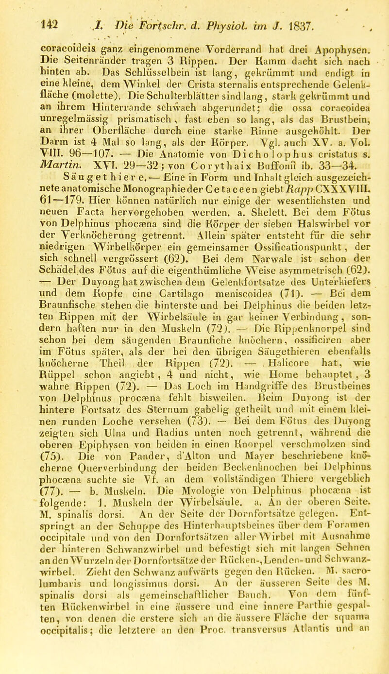 coracoideia ganz eingenommene Vorderrand hat drei Apophyscn, Die Seitenränder tragen 3 Rippen. Der Kamm dacht sich nach hinten ab. Das Schlüsselbein ist lang, gekrümmt und endigt in eine lileine, dem Winkel der Crista sternalis entsprechende Gelenlt- fläche (molette). Die Schulterblätter sind lang, stark gekrümmt und an ihrem Hinterrande schwach abgerundet; die ossa coracoidea unregelmässig prismatisch, fast eben solang, als das Brustbein, an ihrer Oberfläche durch eine starke Rinne ausgehöhlt. Der Darm ist 4 Mal so lang, als der Körper. Vgl. auch XV. a. Vol. Vill. 96—107. — Die Anatomie von Dicholophus cristatiis s, Martin. XVI. 29—32 j von Corythaix Bnffonil ib. 33—34. Sä u g e t h i er e. — Eine in Form und Inhalt gleich ausgezeich- nete anatomische Monographie der C e t a c e e n giebt Rapp CXXX VIII. 61—179. Hier können natürlich nur einige der wesentlichsten und neuen Facta hervorgehoben werden, a. Skelett. Bei dem Fötus von Delphinus phocaena sind die Körper der sieben Halswirbel vor der Verknöcherung getrennt. Allein später entsteht für die sehr niedrigen Wirbelkörper ein gemeinsamer Ossificationspunkt, der sich schnell vergrössert (62). Bei dem Narwale ist schon der Schädel.des Fötus auf die eigenthümliche Weise asymmetrisch (62). -■— Der Duyong hat zwischen dem Gelenkfortsatze des Unterkiefers und dem Kopfe eine Cartilago meniscoidea (71). — Bei dem Braunfische stehen die hinterste und bei Delphinus die beiden letz- ten Rippen mit der Wirbelsäule in gar keiner Verbindung, son- dern haften nur in den Muskeln (72). — Die Rippenknorpel sind schon bei dem säugenden Braunfiche knöchern, ossificiren aber im Fötus später, als der bei den übrigen Säugethieren ebenfalls knöcherne Thei! der Rippen (72). — . Halicore hat, wie Büppel schon angiebt , 4 und nicht, wie Hnme behauptet, 3 walare Rippen (72). — Das Loch im Handgriffe des Brustbeines von Delphinus procsena fehlt bisweilen. Beim Duyong ist der hintere Fortsatz des Sternura gabelig getheilt und mit einem klei- nen runden Loche versehen (73). — Bei dem Fötus des Duyong zeigten sich Ulna und Radius unten noch getrennt, während die oberen Epiphysen von beiden in einen Knorpel verschmolzen sind (75). Die von Pander, d'Alton und Mayer beschriebene knö- cherne Querverbindung der beiden Beckenknochen bei Delphinus phocama suchte sie Vf. an dem vollständigen Tbiere vergeblich (77). — b. Muskeln. Die Myologie von Delphinus phocaina ist folgende: 1. Muskeln der Wii'belsäule. a. An der oberen Seite. M. spinalis dorsi. An der Seite der Dornfortsätze gelegen. Ent- springt an der Schuppe des Hinterhauptsbeines über dem For.nraen oecipitale imd von den Dornfortsätzen aller Wirbel mit Ausnahme der hinteren Schwanzwii'bel und befestigt sich mit langen Sehnen an den Wurzeln der Dornfortsätze der Rücken-,Lendcn-und Sch^vanz- wirbel. Zieht den Schwanz aufwärts gegen den Rücken. IM. sacro- lumbaris und longissimus dorsi. An der äusseren Seite des M. spinalis dorsi als gemeinschaftlicher Bauch. Von dem fünf- ten Rückenwirbel in eine äussere und eine innere Parthie gespal- ten, von denen die crstere sich an die äussere Fläche der squama occipitalis; die letztere an den Proc. transversus Atlantis und an