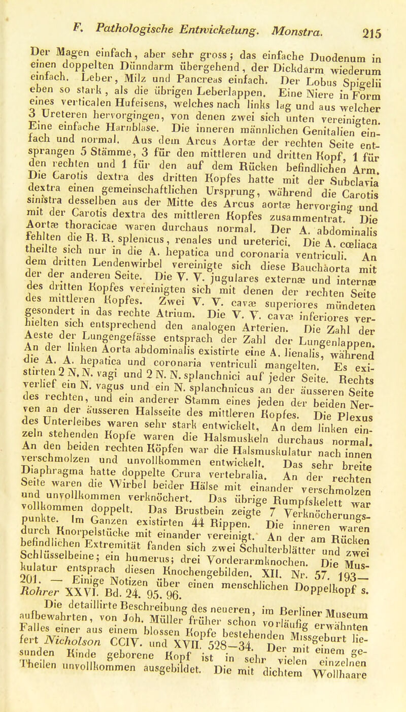 Der Magen einfach, aber sehr gross; das einfache Duodenum in einen doppelten Dünndarm übergehend, der Dickdarm wiederum einlach. Leber, Milz und Pancreas einfach. Der Lobas Spieeiii eben so stark , als die übrigen Leberlappen. Eine Niere in Form eines verticaien Hufeisens, welches nach links lag und aus welcher d Ureteren hervorgingen, von denen zwei sich unten vereinigten Kme einfacbe Harnblase. Die inneren männlichen Genitalien ein' lach und normal. Aus dem Arcus Aortae der rechten Seite ent sprangen 5 Stämme, 3 für den mittleren und dritten Kopf 1 für den rechten und 1 für den auf dem Rücken befindlichen Arm Die Carotis dextra des dritten Kopfes hatte mit der Suhclavia dextra emen gemeinschaftlichen Ursprung, während die Carotis sinistra desselben ans der Mitte des Arcus aortce herrorginjr und mit der Carotis dextra des mittleren Kopfes zusammentrat Die fthkfn d^-pT«^ T'' ^''''^'^T A. abdominalis teüllen die H. R. splenicus, renales und ureterici. Die A cceliaca theilte sich nur in die A. hepatica und coronaria ventriculi. A^ dem dritten Lendenwirbel vereinigte sich diese Bauchäorta mit d^s tin:^T\^'''- ^ ' ^' ^-^ern^ und intern^ d€S dritten Kopfes vereinigten sich mit denen der rechten Seite des mutleren Kopfes. Zwei V. V. cava3 supenores mlLet^ gesondert in das rechte Atrium. Die V. V. Cava, inferiores ver- hielten sich entsprechend den analogen Arterien. Die Zahl der Aeste der Lungengefässe entsprach der Zahl der Lungenlappen An der linken Aorta abdominalis existirte eine A. lienalis, während . o i^P'*''''.^ ^ coronaria ventriculi mangelten. Es exi stir en 2 N.N.vagi und 2 N. N. splanchnici auf jeder Seite. Rechts verhef ein N. vagus und ein N. splanchnicus an der äusseren Seite des rechten und ein anderer Stamm eines jeden der beiden Ner r^T°/f ^'^^ mittleren Kopfes. Die Plexus des Unterleibes waren sehr stark entwickelt, An dem linken ein zeln stehenden Kopfe waren die Halsmuskeln durchau normal An den beiden rechten Köpfen war die Halsmuskulatur nach innen verschmolzen und unvollkommen entwickelt. Das sehr b^eTte Diaphragma hatte doppelte Crura vertebralia. An der rjhfll Seite waren die Wirbel beider Hälse mit einander ver chmdz n und unvollkommen verknöchert. Das übrige RumpfskeletT w^r punHte. Im Ganzen existirten 4-4 RinnPn n;» .• ^ tl^^'r^^^^^^^^^ mit einander vÄgi. An der aTRS sfh?- Sh''''''-'i'* '^'^ -wei SchulferblÄter un^ zwei Schlüsselbeine; ein humerus; drei Vorderarmknochen. Die Mus kulatur entsprach diesen Knochengebilden. XII. Nr. 57 iqV^ Falles einer aus einem Uossen i^otS ^ erMahnten fert Nicholson CCIV. und XVH SSslsi n  ^'^fg^^urt he- Sunden Kinde geborene Kopf ist in sth, T Theilen unvollkoLen ausgelidet.'^ie n^f •aic^;:'^ ^Sire