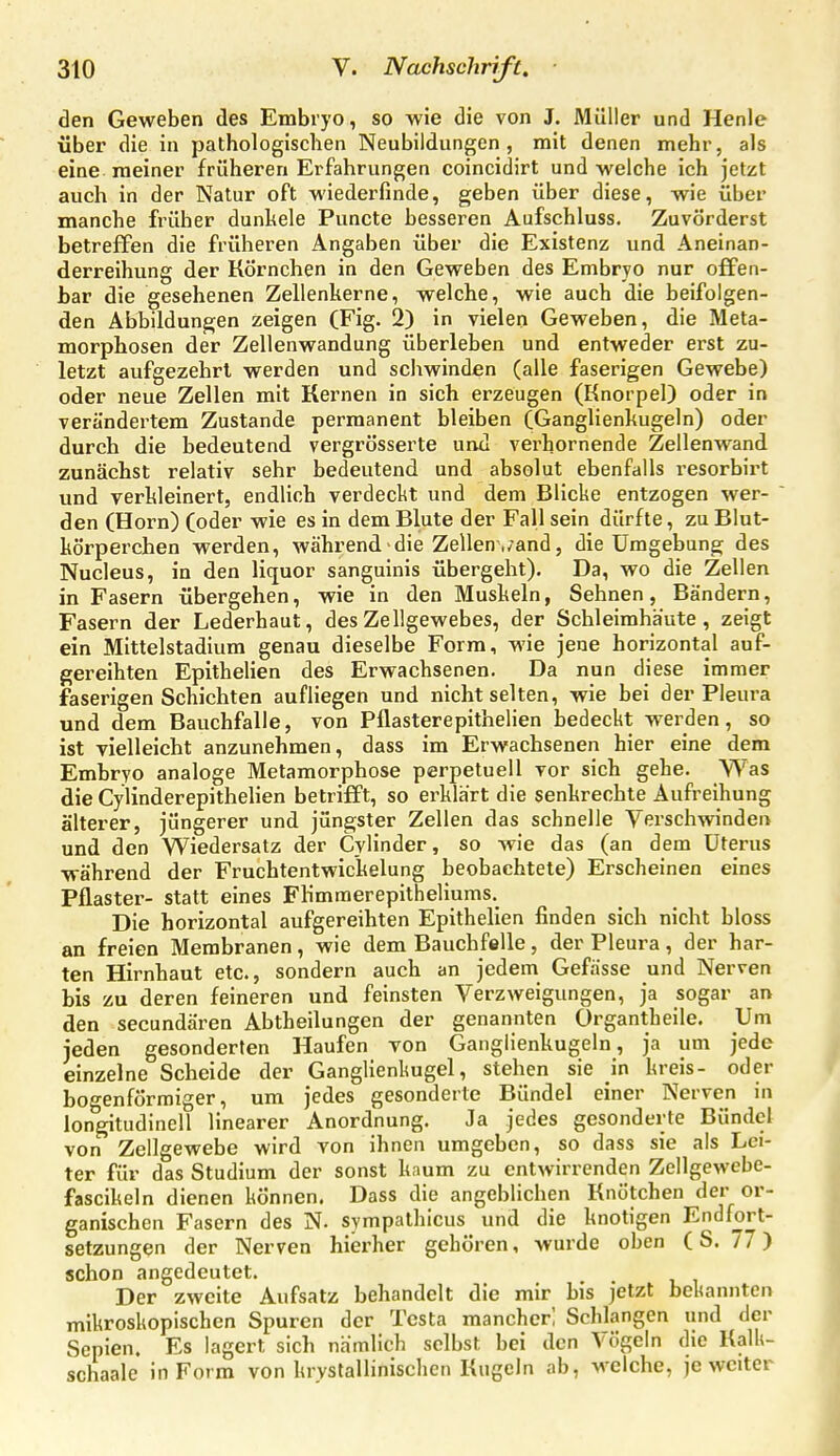 den Geweben des Embryo, so wie die von J. Müller und Henle über die in pathologischen Neubildungen, mit denen mehr, als eine meiner früheren Erfahrungen coincidirt und welche ich jetzt auch in der Natur oft wiederfinde, geben über diese, wie über manche früher dunkele Puncte besseren Aufschluss. Zuvörderst betreffen die früheren Angaben über die Existenz und Aneinan- derreihung der Körnchen in den Geweben des Embryo nur offen- bar die gesehenen Zellenkerne, welche, wie auch die beifolgen- den Abbildungen zeigen (Fig. 2) in vielen Geweben, die Meta- morphosen der Zellenwandung überleben und entweder erst zu- letzt aufgezehrt werden und schwinden (alle faserigen Gewebe) oder neue Zellen mit Kernen in sich erzeugen (Knorpel) oder in verändertem Zustande permanent bleiben (Ganglienkugeln) oder durch die bedeutend vergrösserte und verhornende Zellenwand zunächst relativ sehr bedeutend und absolut ebenfalls resorbirt und verkleinert, endlich verdeckt und dem Blicke entzogen wer- den (Horn) (oder wie es in dem Blute der Fall sein dürfte, zu Blut- körperchen werden, während-die Zellen ,/and, die Umgebung des Nucleus, in den litjuor sanguinis übergeht). Da, wo die Zellen in Fasern übergehen, wie in den Muskeln, Sehnen, Bändern, Fasern der Lederhaut, des Zellgewebes, der Schleimhäute, zeigt ein Mittelstadium genau dieselbe Form, wie jene horizontal auf- gereihten Epithelien des Erwachsenen. Da nun diese immer faserigen Schichten aufliegen und nicht selten, wie bei der Pleura und dem Bauchfalle, von Pflasterepithelien bedeckt werden, so ist vielleicht anzunehmen, dass im Erwachsenen hier eine dem Embryo analoge Metamorphose perpetuell vor sich gehe. Was die Cylinderepithelien betrifft, so erklärt die senkrechte Aufreihung älterer, jüngerer und jüngster Zellen das schnelle Verschwinden und den Wiedersatz der Cylinder, so wie das (an dem Uterus während der Fruchtentwickelung beobachtete) Erscheinen eines Pflaster- statt eines Flimraerepitheliums. Die horizontal aufgereihten Epithelien finden sich nicht bloss an freien Membranen, wie dem Bauchfelle, der Pleura, der har- ten Hirnhaut etc., sondern auch an jedem Gefasse und Nerven bis zu deren feineren und feinsten Verzweigungen, ja sogar an den secundären Abtheilungen der genannten Organtheile. Um jeden gesonderten Haufen von Ganglienkugeln, ja um jede einzelne Scheide der Ganglienkugel, stehen sie in kreis- oder bogenförmiger, um jedes gesonderte Bündel einer Nerven in longitudinell linearer Anordnung. Ja jedes gesonderte Bündel von Zellgewebe wird von ihnen umgeben, so dass sie als Lei- ter für das Studium der sonst kaum zu entwirrenden Zellgewebe- fascikeln dienen können. Dass die angeblichen Knötchen der or- ganischen Fasern des N. sympalhicus und die knotigen Endfort- setzungen der Nerven hierher gehören, wurde oben (S. 77) schon angedeutet. Der zweite Aufsatz behandelt die mir bis jetzt bekannten mikroskopischen Spuren der Testa mancher! Schlangen und der Sepien. Es lagert sich nämlich selbst bei den Vögeln die Kall<- schaale in Form von krvstallinischcn Kugeln ab, welche, je weiter