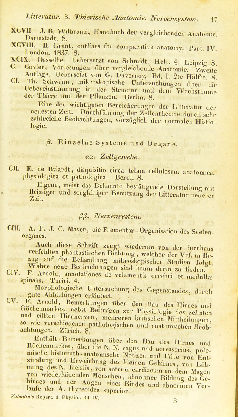 XCVII. J. ß. Wilbranü, Handbuch der vergleichenden Anatomie Darmstadt. 8. XCVIII. R. Grant, oiithnes for comparative anatomv Part IV London. 1837. S. XCIX. Dasselbe, üebersetzt von Schmidt. Heft. 4. Leipzio- 8 C. Ciivier, Vorlesungen über vergleichende Anatomie. Zweite Auflage. Ueberselzt von G. Duvernoy. Bd. I. 2te Hälfte. 8. Cf. Th. Schwann , mil^roshopische Untersuchungen über die üebereinstiinmung in der Structur und dem Wachsthume der Thiere und der Pflanzen. Berlin. 8. Eine der wichtigsten Bereicherungen der Litteratur der neuesten Zeit. Durchführung der Zellentheorie durch sehr zahlreiche Beobachtungen, vorzüglich der normalen >Histio- logie. CIL ß. Einzelne Systeme und Organe. aa. Zellgervebe, E. de Bylardt, disquisitio circa telam cellulosam anatomica physiologica et pathologica. Berol. 8. Eigene, meist das Bel^annte bestätigende Darstellung lleissiger und sorgfältiger Benutzung der Litteratur neiii Zeit. mit erer ßß, Nervensystem. ein. A. F. J. C. Mayer, die Elementar-Organisation des Seelen- organes. Auch diese Schrift zeugt wiederum von der durchaus verfehlten phantastischen Richtung, welcher der Vrf in Be- zug auf die Behandlung mikrosliopischer Studien folgt r^^T ^ . .r* Beobachtungen sind haum darin zu finden ' f<. Arnold, annotationes de velamentis cerebri et medullte spinahs. Tunci. 4. Morphologische Untersuchung des Gegenstandes, durch gute Abbildungen erläutert. CV. F. Arnold, Bemerhungen über den Bau des Hirnes und und H- ß^^t»^«Sen zur Physiologie des zehnten und e.iften H.rnnerven, mehreren hritischen Mitlhcilnnfien, ZiZ^^^T'''''^^'''''' anatomischen BSob: Enthält Bemerkungen über den Bau des Hirnes und Rückenmarkes, über d,e N. N. vagus und accessorius, pole mische historisch-anatomische Notizen und Falle von Fnt- zundung und Erweichung des kleinen Gehirnes, von L mung des N facialis von antrum cardiacum an dem Magen von wiederkauenden Menschen, abnormer Bildung des Ge- fTlp Ä f ^'^^^ d abnormen Ver- laute der A. thyreoidca superior. Valentin'a Repert. d. Physiol. Bd. IV.