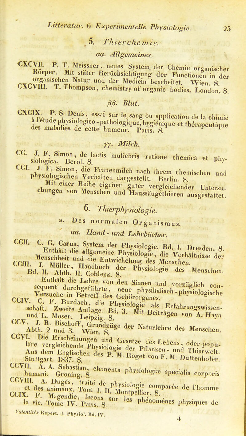 ^5. Thierchemie. aa. Allgemeines. <:XCV1L P. 'r^ Meissner, neues System, der Chemie organischer Korper M.l slater Berücksichtigung der Functionen in der rYr?^?r^!'^u^'^'' bearbeitet. Wien. 8. 1. Thompson, chemistry of organic bodies. London. 8. ßß. Blut. ^^}^\ ^' \ ^.«'?'«'. le sang ou application de la chimie a l etude phys.olog.co-pathologique,hygienigue et therapeutiaue des maladies de eette humeur. Paris. 8. YY- Milch. ''''' siologica^''Te;■o^'8^'^''^^ P'^^ CCI. J. F. Simon, die Frauenmilch nach ihrem chemischen und physiologischen Verhalten dargestellt. Berlin g '^ Mit emer Reihe eigener guier vergleichender Untersu- chungen von Menschen und llaussäugethieren ausgestattet. 6. Thierphysiologie. a. Des normalen Organismus. aa. Hand -und Lehrbücher. CCII. C. G. Cafus, System der Phvsiologie. Bd I Dresdpn Enthält die allgemeine Physiologie! die Verhi^tSsse ^lp; CCIir ;M--.r ''7 E'wickilung^des' MensTSet! ''Bd.'il.^Al!tt'i?cot;^J- ^^^-'^^'-^ ^es Menschen. Enthält die Lehre von den Sinnen und vorzüelich con ^' Bi'rdach, d;e Physiologie als P,.foi Schaft. Zweite Auflage. Bd T MiT RpL ^f^'''- und L. Moser. Leipfi«. 8 Beitragen von A. Hayn ''''''Abth.^2 u^nTa'^'wtn^s'^^ ^--hen. Lebens oder popu^ Aus dem F^nglischerX rL ^ ''^^^ Thierwelt. Stuttgart. 1837. 8 ^''^^^ ^- ««enhofer. ^'^''iLi'nV-^ Gt'ninrS. ^'^'^ '''^^^'^'^S''^ «H--'- corporis vjV^ia. J^. Magendie, lecons «sim i«c i - - la vie. Tome IV. Paris. 8 P^enomenes physiques de Valenlln's Repert. d. Physiol. Bd. IV.