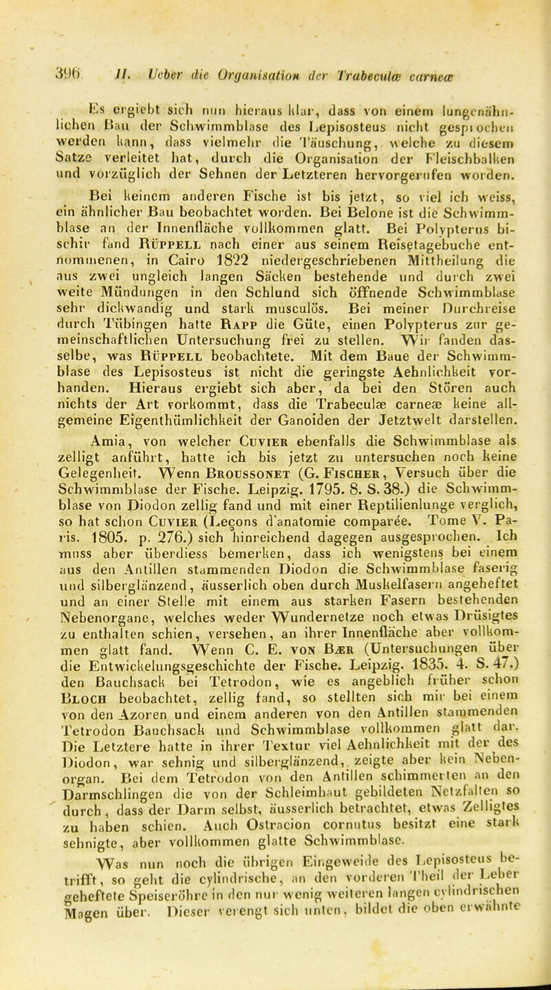 Ks crgiebt sich nun hieraus Idar, dass von einem lungenähn- lichen Bau der Schwimmblase des Lepisosteus nicht gesprochen werden kann, dass vielmelir die Täuschung, welche zu diesem Satze verleitet hat, durch die Organisation der Fleischbalken und vorzüglich der Sehnen der Letzteren hervorgerufen worden. Bei keinem anderen Fische ist bis jetzt, so viel ich weiss, ein ähnlicher Bau beobachtet worden. Bei Belone ist die Schwimm- blase an. der Innenfläche vollkommen glatt. Bei Polvpterus bi- schir fand Rüppell nach einer aus seinem Reisetagebuche ent- nommenen, in Cairo 1822 niedergeschriebenen Mittheilung die aus zwei ungleich langen Säcken bestehende und durch zwei weite Mündungen in den Schlund sich öffnende Schwimmblase sehr dickwandig und stark musculös. Bei meiner Durchreise durch Tübingen hatte Rapp die Güte, einen Polypterus zur ge- meinschaftlichen Untersuchung frei zu stellen. Wir fanden das- selbe, was Rüppell beobachtete. Mit dem Baue der Schwimm- blase des Lepisosteus ist nicht die geringste Aehnlichkeit vor- handen. Hieraus ergiebt sich aber, da bei den Stören auch nichts der Art vorkommt, dass die Trabeculae carneas keine all- gemeine Eigentümlichkeit der Ganoiden der Jetztwelt darstellen. Amia, von welcher Cüvier ebenfalls die Schwimmblase als zelligt anführt, hatte ich bis jetzt zu untersuchen noch keine Gelegenheit. Wenn Rroussonet (G.Fischer, Versuch über die Schwimmblase der Fische. Leipzig. 1795. 8. S. 38.) die Schwimm- blase von Diodon zellig fand und mit einer Reptilienlunge verglich, so hat schon Cuvier (Lecons d'anatomie comparee. Tome V. Pa- ris. 1805. p. 276.) sich hinreichend dagegen ausgesprochen. Ich muss aber überdiess bemerken, dass ich wenigstens bei einem aus den Antillen stammenden Diodon die Schwimmblase faserig und silberglänzend, äusserlich oben durch Muskelfasern angeheftet und an einer Slelle mit einem aus starken Fasern bestehenden Nebenorgane, welches weder Wundernetze noch etwas Drüsigtes zu enthalten schien, versehen, an ihrer Innenfläche aber vollkom- men glatt fand. Wenn C. E. von B^R (Untersuchungen über die Entwickelungsgeschichte der Fische. Leipzig. 1835. 4. S. 47.) den Bauchsack bei Tetrodon, wie es angeblich früher schon BLOCH beobachtet, zellig fand, so stellten sich mir bei einem von den Azoren und einem anderen von den Antillen stammenden Tetrodon Bauchsach und Schwimmblase vollkommen glatt dar. Die Letztere hatte in ihrer Textur viel Aehnlichkeit mit der des Diodon, war sehnig und silberglänzend, zeigte aber kein Neben- organ. Bei dem Tetrodon von den Antillen schimmerten an den Darmschlingen die von der Schleimhaut gebildeten Netzfallen so durch, dass der Darm selbst, äusserlich betrachtet, etwas Zelligtes zu haben schien. Auch Ostracion cornutus besitzt eine stark sehnigte, aber vollkommen glatte Schwimmblase. Was nun noch die übrigen Eingeweide des Lepisosteus be- trifft, so geht die cylindrische, an den vorderen Theil der Leber geheftete Speiseröhre in den nur wenig weiteren langen cylmdnschen Magen über. Dieser verengt sich unten, bildet die oben erwähnte