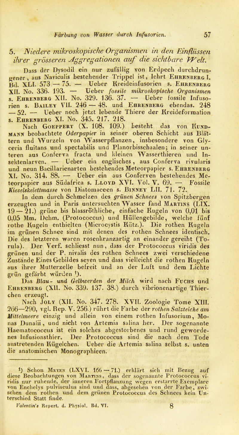 5. Niedere mikroskopische Organismen in den Einflüssen ilwer grösseren Aggregationen auf die sichtbare Welt. Dass der Dysodil ein nur zufallig von Erdpech durchdrun- gener, aus Naviculis bestehender Trippel ist, lehrt Ehrenberg I. Bd. XLI. 573 — 75. — Ueber Kreideinfusorien s. Ehrenberg XII. No. 336- 193. — Ueber fossile mikroskopische Organismen s. Ehrenberg XII. No. 329. 136. 37. — Ueber fossile Infuso- rien s. Bailey VII. 246 — 48. und Ehrenberg ebendas. 248 — 52. — Ueber noch jetzt lebende Thiere der Kreideforraation s. Ehrenberg XI. No. 345. 217. 218. Nach Goeppert (X. 108. 109.) besteht das von Kund- mann beobachtete Oderpapier in seiner oberen Schicht aus Blät- tern und Wurzeln von Wasserpflanzen, insbesondere von Gly- ceria fluitans und spectabilis und Planorbisschaalen; in seiner un- teren aus Conferva fracta und kleinen Wasserthieren und In- sektenlarven. — Ueber ein englisches, aus Conferva rivularis und neun Bacillarienarten bestehendes Meteorpapier s. Ehrenberg XI. No. 314. 88. — Ueber ein aus Conferven bestehendes Me- teorpapier aus Südafrica s. Lloyd XVI. Vol. V. 69. — Fossile Kieselskelettmasse von Diatomaceen s. Binney LH. 71. 72. In dem durch Schmelzen des grünen Schnees von Spitzbergen erzeugten und in Paris untersuchten Wasser fand Martins (LIX. 19 — 21.) grüne bis blassröthliche, einfache Kugeln von 0,01 bis 0,05 Mm. Dehrn. (Protococcus) und Hilllengebilde, welche fünf rothe Kugeln enthielten (Microcystis Kütz.). Die rothen Kugeln im grünen Schnee sind mit denen des rothen Schnees identisch. Die des letzteren waren rosenhranzartig an einander gereiht (To- rula). Der Verf. schliesst nun, dass der Protococcus viridis des grünen und der P. nivalis des rothen Schnees zwei verschiedene Zustände Eines Gebildes seyen und dass vielleicht die rothen Kugeln aus ihrer Mutterzelle befreit und an der Luft und dem Lichte grün gefärbt würden Das Blau- und Gelbwerden der Milch wird nach Fuchs und Ehrenberg (XII. No. 339. 137. 38.) durch vibrionenartige Thier- chen erzeugt. Nach Joly (XII. No. 347. 278. XVII. Zoologie Tome XIII. 266—290, vgl. Rep. V. 256.) rührt die Farbe der rothen Salzteiche am Mittelmeere einzig und allein von einem rothen Infusorium, Mo- nas Dunalii, und nicht von Artemia salina her. Der sogenannte Haematococcus ist ein solches abgestorbenes und rund geworde- nes Infusionsthier. Der Protococcus sind die nach dem Tode austretenden Kügelchen. Ueber die Artemia salina selbst s. unten die anatomischen Monographieen. *) Schon Me-ien (LXVI. 166 — 71.) erklärt sich mit Bezug auf diese Beobachtungen von Martins, dass der sogenannte Protococcus vi- ridis nur ruhende, der inneren Fortpflanzung wegen erstarrte Exemplare von Enchelys pulvisculus sind und dass, abgesehen von der Farbe, zwi- schen dem rothen und dem grünen Protococcus des Schnees kein Un- terschied Statt finde. Valentin'» Repert. d. Physiol. Bd. VI. 8