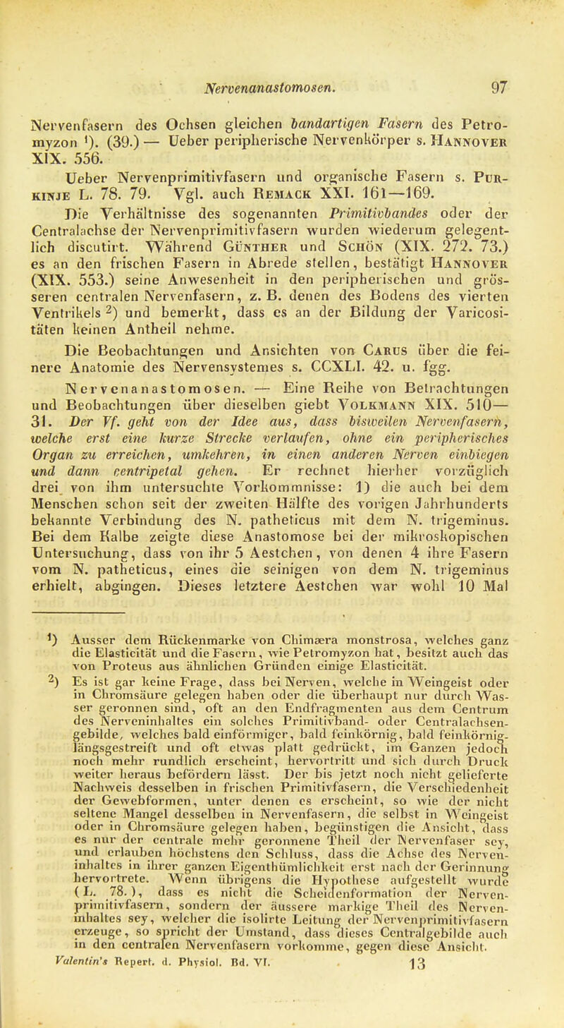 Nervenfasern des Ochsen gleichen landartigen Fasern des Petro- myzon '). (39.) — Ueber peripherische Nervenkörper s. Hannover XIX. 556. Ueber Nervenprimitivfasern und organische Fasern s. Pur- kinje L. 78. 79. Vgl. auch Remack XXI. 161—169. Die Verhältnisse des sogenannten Primitivbandes oder der Centraiachse der Nervenprimitivfasern wurden wiederum gelegent- lich discutirt. Wahrend Günther und Schön (XIX. 272. 73.) es an den frischen Fasern in Abrede stellen, bestätigt Hannover (XIX. 553.) seine Anwesenheit in den peripherischen und grös- seren centralen Nervenfasern, z.B. denen des Bodens des vierten Ventrikels2) und bemerkt, dass es an der Bildung der Varicosi- täten keinen Antheil nehme. Die Beobachtungen und Ansichten von Cartjs über die fei- nere Anatomie des Nervensystemes s. CCXLI. 42. u. fgg. Nervenanastomosen. — Eine Reihe von Betrachtungen und Beobachtungen über dieselben giebt Volkmann XIX. 510— 31. Der Vf. geht von der Idee aus, dass bisiveilen Nervenfasern, welche erst eine kurze Strecke verlaufen, ohne ein peripherisches Organ zu erreichen, umkehren, in einen anderen Nerven einbiegen und dann centripetal gehen. Er rechnet hierher vorzüglich drei von ihm untersuchte Vorkommnisse: 1) die auch bei dem Menschen schon seit der zweiten Hälfte des vorigen Jahrhunderts bekannte Verbindung des N. patheticus mit dem N. trigeminus. Bei dem Kalbe zeigte diese Anastomose bei der mikroskopischen Untersuchung, dass von ihr 5 Aestchen, von denen 4 ihre Fasern vom N. patheticus, eines die seinigen von dem N. trigeminus erhielt, abgingen. Dieses letztere Aestchen war wohl 10 Mal *) Ausser dem Rückenmarke von Chimaera monstrosa, welches ganz die Elasticität und die Fasern, wie Petromyzon hat, besitzt auch das von Proteus aus ähnlichen Gründen einige Elasticität. 2) Es ist gar keine Frage, dass bei Nerven, welche in Weingeist oder in Chromsäure gelegen haben oder die überhaupt nur durch Was- ser geronnen sind, oft an den Endfragmenten aus dem Centrum des Nerveninhaltes ein solches Primitivband- oder Centralachsen- gebilde, welches bald einförmiger, bald feinkörnig, bald feinkörnig- längsgestreift und oft etwas platt gedrückt, im Ganzen jedoch noch mehr rundlich erscheint, hervortritt und sich durch Druck weiter heraus befördern lässt. Der bis jetzt noch nicht gelieferte Nachweis desselben in frischen Primitivfasern, die Verschiedenheit der Gewebformen, unter denen es erscheint, so wie der nicht seltene Mangel desselben in Nervenfasern, die selbst in Weingeist oder in Chromsäure gelegen haben, begünstigen die Ansicht, dass es nur der centrale mehr geronnene Theil der Nervenfaser sey, und erlauben höchstens den Schluss, dass die Achse des Nerven- inhaltes in ihrer ganzen Eigentümlichkeit erst nach der Gerinnung hervortrete. Wenn übrigens die Hypothese aufgestellt wurde (Ii. 78.), dass es nicht die Scheicicnformation der Nerven- primitivfasern, sondern der äussere markige Theil des Nerven- mhaltes sey, welcher die isolirte Leitung der Nervenprimitivfasern erzeuge, so spricht der Umstand, dass dieses Centraigebilde auch in den centralen Nervenfasern vorkomme, gegen diese Ansicht. Valentin'» Repert. d. Physiol. Bd. VF. 13