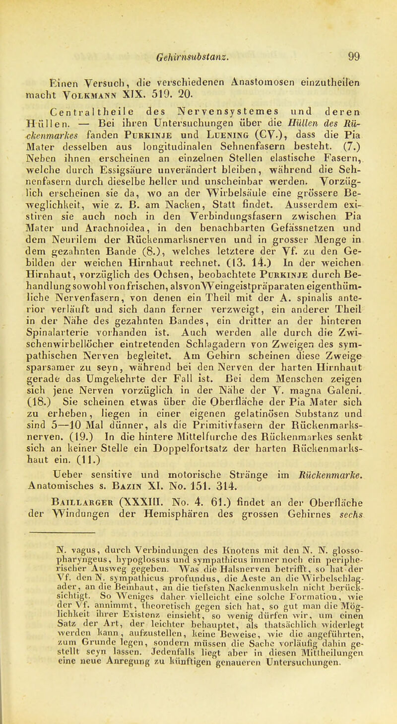 Einen Versuch, die verschiedenen Anastomosen einzutheilen macht Volkmann XIX. 519. 20. Cent r altheile des Nervensystemes und deren Hüllen. — Bei ihren Untersuchungen über die Hüllen des Rü- ckenmarkes fanden Purkinje und Lüening (CV.)i dass die Pia Mater desselben aus longitudinalen Sehnenfasern besteht. (7.) Neben ihnen erscheinen an einzelnen Stellen elastische Fasern, welche durch Essigsäure unverändert bleiben, während die Seh- nenfasern durch dieselbe heller und unscheinbar werden. Vorzüg- lich erscheinen sie da, wo an der Wirbelsäule eine grössere Be- weglichkeit, wie z. B. am Nacken, Statt findet. Ausserdem exi- stiren sie auch noch in den Verbindungsfasern zwischen Pia Mater und Arachnoidea, in den benachbarten Gefassnetzen und dem Neuntem der Rückenmarksnerven und in grosser Menge in dem gezahnten Bande (8.), welches letztere der Vf. zu den Ge- bilden der weichen Hirnhaut rechnet. (13. 14.) In der weichen Hirnhaut, vorzüglich des Ochsen, beobachtete Purkinje durch Be- handlung sowohl von frischen, als vonWeingeistpräparaten eigentüm- liche Nervenfasern, von denen ein Theil mit der A. spinalis ante- rior verläuft und sich dann ferner verzweigt, ein anderer Theil in der Nähe des gezahnten Bandes, ein dritter an der hinteren Spinalarterie vorhanden ist. Auch werden alle durch die Zwi- schenwirbellöcher eintretenden Schlagadern von Zweigen des sym- pathischen Nerven begleitet. Am Gehirn scheinen diese Zweige sparsamer zu seyn, während bei den Nerven der harten Hirnhaut gerade das Umgekehrte der Fall ist. Bei dem Menschen zeigen sich jene Nerven vorzüglich in der Nähe der V. magna Galeni. (18.) Sie scheinen etwas über die Oberfläche der Pia Mater sich zu erheben, liegen in einer eigenen gelatinösen Substanz und sind 5—10 Mal dünner, als die Primitivfasern der Bückenmarks- nerven. (19.) In die hintere Mittelfurche des BückenmarUes senkt sich an keiner Stelle ein Doppelfortsatz der harten Bückenmarks- haut ein. (11.) Ueber sensitive und motorische Stränge im Rückenmarke. Anatomisches s. Bazin XI. No. 151. 314. Baillarger (XXXIII. No. 4. 61.) findet an der Oberfläche der Windungen der Hemisphären des grossen Gehirnes sechs N. vagus, durch Verbindungen des Knotens mit den N. N. glosso- pharyngeus, hypoglossus und sympathicus immer noch ein periphe- rischer Ausweg gegeben. Was die Halsnerven betrifft, so hat der Vf. den N. sympathicus profundus, die Aeste an die Wirbclschlag- ader, an die ßeinhaut, an die tiefsten Nachenmuslieln nicht berücK- sichtigt. So Weniges daher vielleicht eine solche Formation, wie der Vf. annimmt, theoretisch gegen sich hat, so gut man die Mög- lichheit ihrer Existenz, einsieht, so wenig dürfen wir, um einen Satz der Art, der leichter behauptet, als thatsächlich widerlegt werden hann, aufzustellen, heine Beweise, wie die angeführten, zum Grunde legen, sondern müssen die Sache vorläufig dahin ge- stellt seyn lassen. Jedenfalls liegt aber in diesen Miuheilungen eine neue Anregung zu Künftigen genaueren Untersuchungen.
