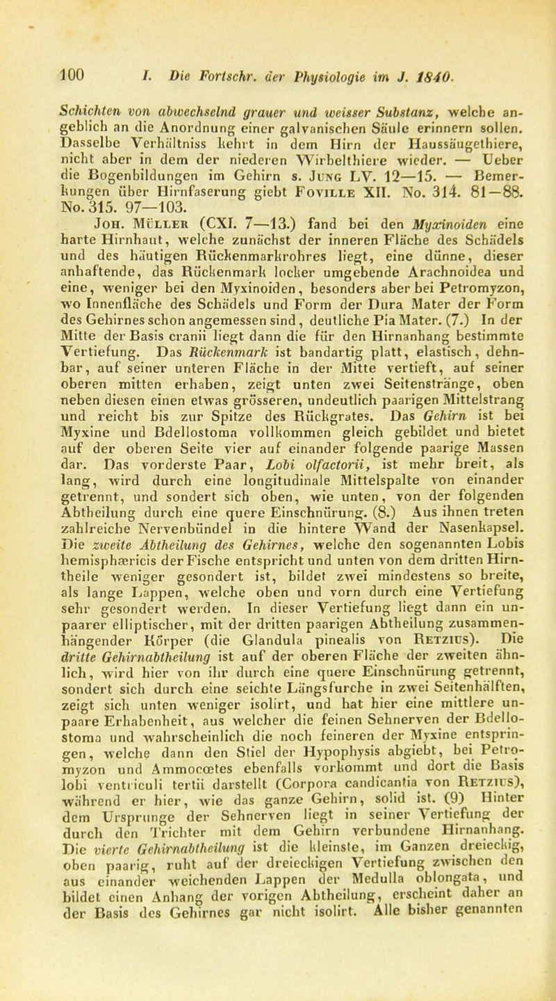 Schichten von abwechselnd grauer und weisser Substanz, welche an- geblich an die Anordnung einer galvanischen Säule erinnern sollen. Dasselbe Verhältniss Lehrt in dem Hirn der Haussäugethiere, nicht aber in dem der niederen Wirbelthiere wieder. — Ueber die Bogenbildungen im Gehirn s. Jung LV. 12—15. — Bemer- kungen über Hirnfaserung giebt Foville XII. No. 314. 81 — 88. No.315. 97—103. Jon. Müller (CXI. 7—13.) fand bei den Myxinoiden eine harte Hirnhaut, welche zunächst der inneren Fläche des Schädels und des häutigen Büchenmarhrohres liegt, eine dünne, dieser anhaftende, das Rückenmark locker umgebende Arachnoidea und eine, weniger bei den Myxinoiden, besonders aber bei Petromyzon, wo Innenfläche des Schädels und Form der Dura Mater der Form des Gehirnes schon angemessen sind, deutliche Pia Mater. (7.) In der Mitte der Basis cranii liegt dann die für den Hirnanhang bestimmte Vertiefung. Das Rückenmark ist bandartig platt, elastisch, dehn- bar, auf seiner unteren Fläche in der Mitte vertieft, auf seiner oberen mitten erhaben, zeigt unten zwei Seitenstränge, oben neben diesen einen etwas grösseren, undeutlich paarigen Mittelstrang und reicht bis zur Spitze des Rüchgrates. Das Gehirn ist bei Myxine und Bdellostoma vollkommen gleich gebildet und bietet auf der oberen Seite vier auf einander folgende paarige Massen dar. Das vorderste Paar, Lobi olfactorii, ist mehr breit, als lang, wird durch eine longitudinale Mittelspalte von einander getrennt, und sondert sich oben, wie unten, von der folgenden Abtheilung durch eine quere Einschnürung. (8.) Aus ihnen treten zahlreiche Nervenbündel in die hintere Wand der Nasenkapsel. Die zweite Abtheilung des Gehirnes, welche den sogenannten Lobis hemisphaericis der Fische entspricht und unten von dem dritten Hirn- theile weniger gesondert ist, bildet zwei mindestens so breite, als lange Lappen, welche oben und vorn durch eine Vertiefung sehr gesondert werden. In dieser Vertiefung liegt dann ein un- paarer elliptischer, mit der dritten paarigen Abtheilung zusammen- hängender Rorper (die Glandula pinealis von Betzids). Die dritte Gehirnabtheilung ist auf der oberen Fläche der zweiten ähn- lich, wird hier von ihr durch eine quere Einschnürung getrennt, sondert sich durch eine seichte Längsfurche in zwei Seitenhälften, zeigt sich unten weniger isolirt, und hat hier eine mittlere un- paare Erhabenheit, aus welcher die feinen Sehnerven der Bdello- stoma und wahrscheinlich die noch feineren der Myxine entsprin- gen, welche dann den Stiel der Hypophysis abgiebt, bei Petro- myzon und Ammoccetes ebenfalls vorkommt und dort die Basis lobi venti iculi tertii darstellt (Corpora candicantia von Retzils), während er hier, wie das ganze Gehirn, solid ist. (9) Hinter dem Ursprünge der Sehnerven liegt in seiner Vertiefung der durch den Trichter mit dem Gehirn verbundene Hirnanhang. Die vierte Gehirnabthcihing ist die kleinste, im Ganzen dreieckig, oben paarig, ruht auf der dreieckigen Vertiefung zwischen den aus einander weichenden Lappen der Medulla oblongata, und bildet einen Anhang der vorigen Abtheilung, erscheint daher an der Basis des Gehirnes gar nicht isolirt. Alle bisher genannten
