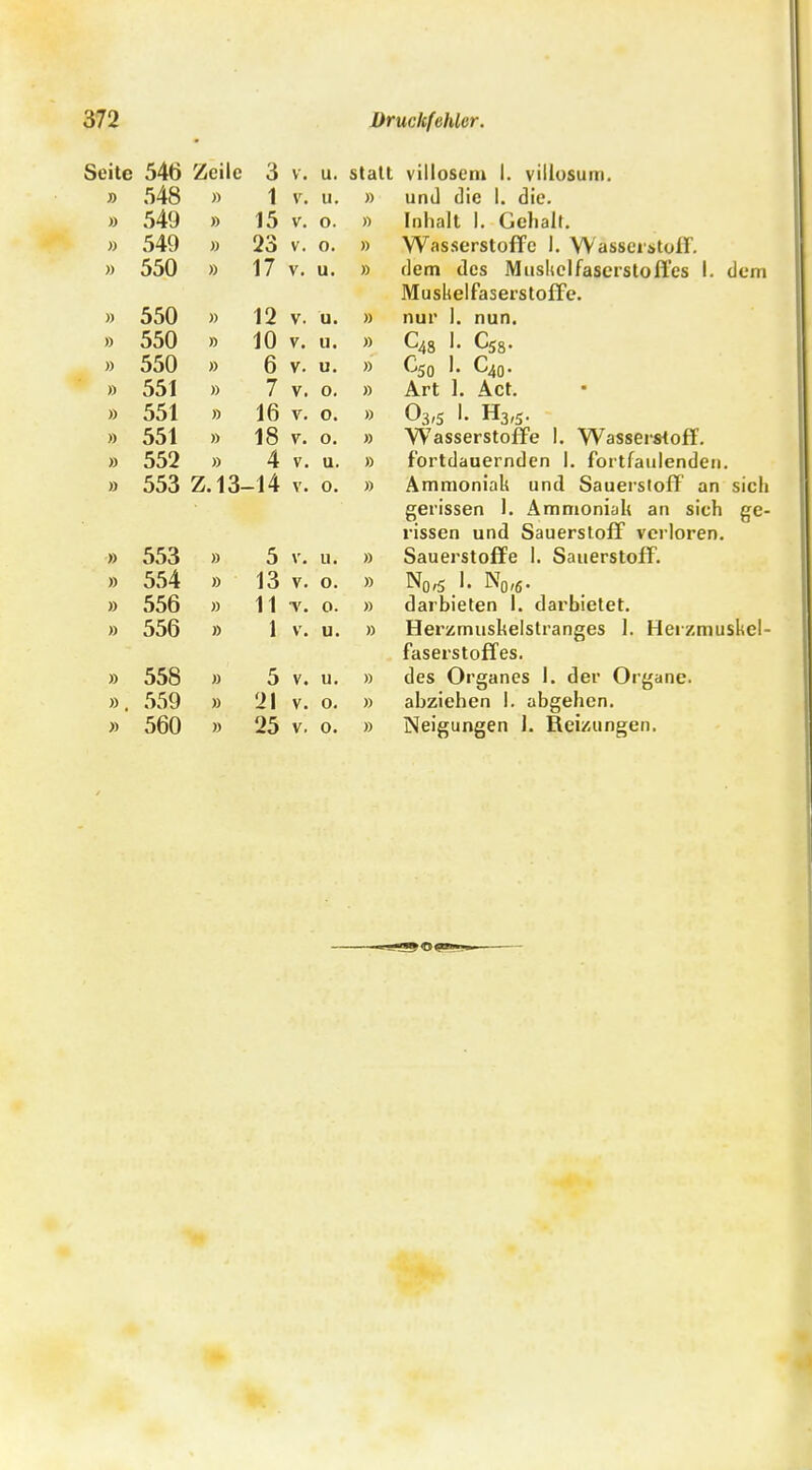 Seite 546 Zeile o V. u. statt • 11 « „ 1 'II viliosem 1. villusum. 548 » 1 V. u. » und die 1. die. » 549 » -1 Ii lo V. o. » Inhalt 1. uenalt. » c An 54iJ » 0'.> V. 0. » Wasserstoffe I. Wasserstoff » 550 » l / V. u. » dem des Musliclfaserstoffes 1. MusMelrasers tolle. dem » r ca 550 » 12 V. u. » nur I. nun. » 550 » 1U V. u. » » 550 » 6 V. u. » » PPM 551 » 7 V. 0. » Art 1. Act. » 551 » lo V. o. » i~\ 1 TT » 551 » 1 Q lo V. o. » YV asserstorre 1. VVassersiori. » 552 » 4 V. u. » fortdauernden I. iortiaulenden » PCO 553 Z.13- -14 V. 0. Ammoniak und Sauerstoff an sich gerissen 1. Ammoniak an sich rissen und Sauerstoff verloren. )) )} c D V. II. )) Sauerstoffe I. Sauerstoff. » 554 13 V t • n \J ■ )) Norf.l. N„,6. » 556 » 11 T. 0. » darbieten 1. darbietet. » 556 » 1 V. u. » Herzmuskelstranges 1. Herzmuskel- faserstoffes. » 558 » 5 V. u. » des Organes 1. der Organe. 559 » 21 V. 0. » abziehen 1. abgehen. » 560 » 25 V. 0. » Neigungen L Reizungen. «»<£}