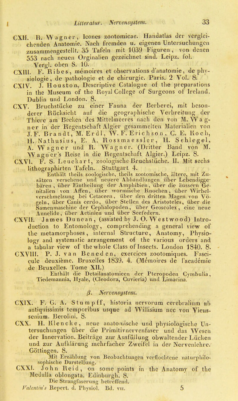 CXH. R. Wagner, Icones zootomicae. Handatlas der verglei- chenden Anatomie. Nach fremden u. eigenen Untersuchungen zusammengestellt. 35 Tafeln mit 1039 Figuren , von denen 553 nach neuen Orginalien gezeichnet sind. Leipz. fol. Vergl. ohen S. 10. CXI1I. F. Ribes, memoires et observations d'anatomie, de phy- siologie, de pathologie et de Chirurgie. Paris. 2 Vol. 8. CXIV. J- Houston, Descriptive Catalogue of the preparations in the Museum of the Royal College of Surgeons of Ireland. Dublin und London. 8. CXV Bruchstücke zu einer Fauna der Berberei, mit beson- derer Rücksicht auf die geographische Verbreitung der Thiere am Becken des Mittelmeeres nach den von M.Wag- ner in der Regentschaft Algier gesammelten Materialien von J.F. Brandt, M. Er dl, WT. F. E ri c h s o n , C. E> Koch, H. Nathusius, E. Ä. Rossmaessler, H. Sehlegel, A. Wagner und R. W a g n e r. (Dritter Band von M. Wagn'er's Reise in die Regentschaft Algier.) Leipz. S. CXV1. F. S. Leuckart, zoologische Bruchstriche. LI. Mit sechs lithographirten Tafeln. Stuttgart 4. Enthält theils zoologische, theils zootomischc, ältere, mit Zu- sätzen versehene und neuere Abhandlungen über Lebendigge- bären , über Einlheilung äcr Amphibien, über die äussern Ge- nitalien von Affen, über Avormische Knochen, über Wirbel- verschmelzung bei Cetaceen, über den dritten Magen von Vö- geln, über Canis cerdo, über Stellen des Aristoteles, über die Samenmaschinc der Cephalopoden, über Geoscolex, eine neue Annelide, über Actinien und über Seefedern. CXVH. James Duncan, (assisted by J. O. Westwood) Intro- duetion to Entomology, comprehending a general view of the metamorphoses, internal Structure, Anatomy, Physio- logy and systematic arrangement of the various orders and a tabular view of the whole Class of Insects. London 1840. 8. CXV1H. P. J. van Beneden, exercices zootomiques. Fasci- cule deuxieme. Bruxelles 1839. 4. (Memoires de facademie de Bruxelles. Tome XII.) Enthält die Detailanatomieen der Pteropoden Cymbulia, Tiedemannia, Hyale, (Cleodora, Cuvieria) und Limacina. ß. Nervensystem. CX1X. F. G. A. Stumpff, historia nervorum cerebralinm ab antiquissimis temporibus usque ad Willisium nec von Vieus- senium. ßerolini. 8. CXX. H. Kien che, neue anatomische und physiologische Un- tersuchungen über die Primitivnervenfaser und das Wesen der Innervation. Beitrage zur Ausfüllung obwaltender Lücken und zur Aufklärung mehrfacher Zweifel in der Nervenlehre. Göttingen. 8. Mit Erzählung von Beobachtungen verflochtene nalurphilo- sophische Darstellung. CXXI. John Reid, on some points in the Anatomy of the Medulla oblongata. Edinburgh. 8. Die Strangfaserung betreffend. Valentins Bepert. d. Fhysiol, Bd. vn. 5