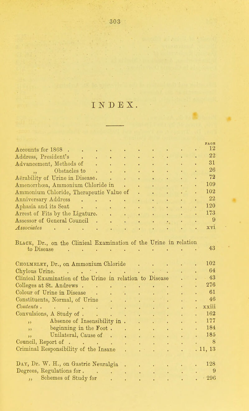 INDEX. PAGE Accounts for 1868 12 Address, President's 22 Advancement, Methods of ..... 31 ,, Obstacles to ' : ....... 26 Aerability of Urine in Disease . 72 Amenorrhcea, Ammonium Chloride in . . . . .109 Ammonium Chloride, Therapeutic Value of .... 102 Anniversary Address ......... 22 Aphasia and its Seat . . .120 Arrest of Fits by the Ligature. .173 Assessor of General Council 9 Associates ........... xvi Black, Dr., on the Clinical Examination of the Urine in relation to Disease 43 Cholmelet, Dr., on Ammonium Chloride 102 Chylous Urine. . .  ' . • • 64 Clinical Examination of the Urine in relation to Disease . . 43 Colleges at St. Andrews 276 Colour of Urine in Disease . . . . . . . 61 Constituents, Normal, of Urine 46 Contents ............ xxiii Convulsions, A Study of . .162 ,, Absence of Insensibility in . . . . . .177 ,, beginning in the Foot 184 ,, Unilateral, Cause of . . . . . . .185 Council, Report of 8 Criminal Responsibility of the Insane . . . . . .11, 13 Day, Dr. W. H., on Gastric Neuralgia 128 Degrees, Regulations for... 9 „ Schemes of Study for 296