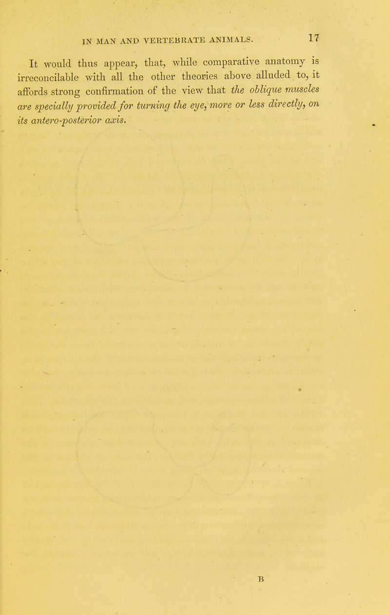 It would thus appear, that, while comparative anatomy is irreconcilable with all the other theories above alluded to, it affords strong confirmation of the view that the oblique muscles are specially provided for turning the eye, more or less directly, on its anteroposterior axis. B
