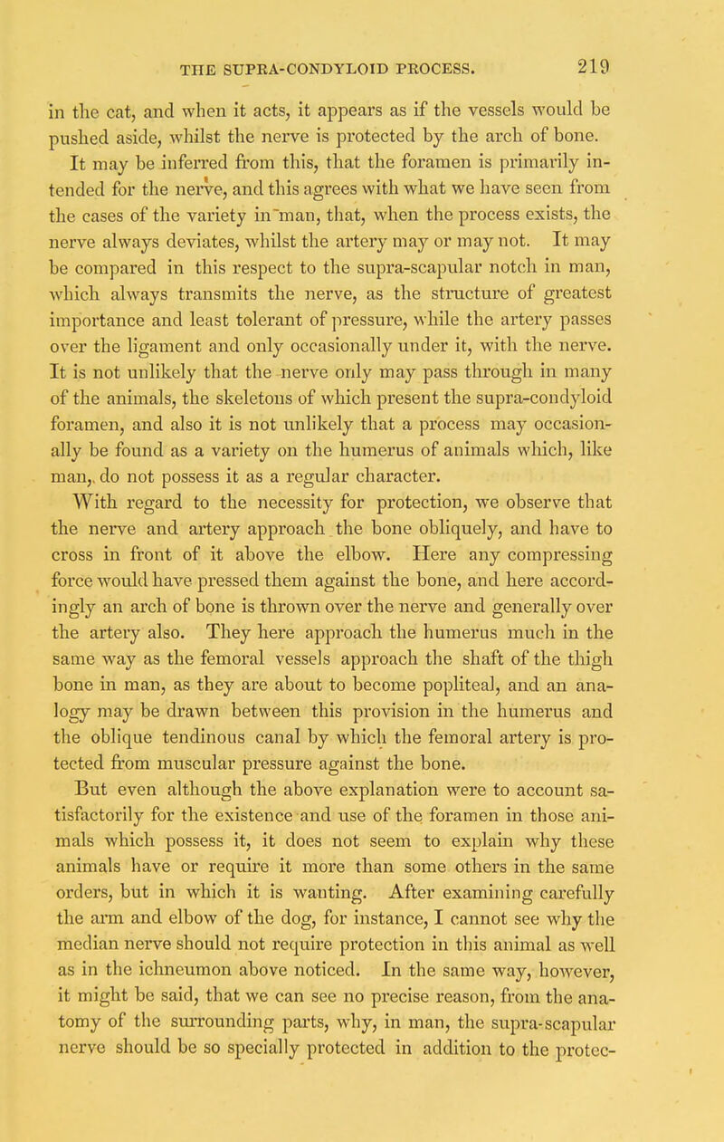 in the cat, and when it acts, it appears as if the vessels would be pushed aside, whilst the nerve is protected by the arch of bone. It may be inferred from this, that the foramen is primarily in- tended for the nerve, and this agrees with what we have seen from the cases of the variety in man, that, when the process exists, the nerve always deviates, whilst the artery may or may not. It may be compared in this respect to the supra-scapular notch in man, which always transmits the nerve, as the structure of greatest importance and least tolerant of pressure, while the artery passes over the ligament and only occasionally under it, with the nerve. It is not unlikely that the nerve only may pass through in many of the animals, the skeletons of which present the supra-condyloid foramen, and also it is not unlikely that a process may occasion- ally be found as a variety on the humerus of animals winch, like man,, do not possess it as a regular character. With regard to the necessity for protection, we observe that the nerve and artery approach the bone obliquely, and have to cross in front of it above the elbow. Here any compressing foi'ce would have pressed them against the bone, and here accord- ingly an arch of bone is thrown over the nerve and generally over the artery also. They here approach the humerus much in the same way as the femoral vessels approach the shaft of the thigh bone in man, as they are about to become popliteal, and an ana- logy may be drawn between this provision in the humerus and the oblique tendinous canal by which the femoral artery is pro- tected from muscular pressure against the bone. But even although the above explanation were to account sa- tisfactorily for the existence and use of the foramen in those ani- mals which possess it, it does not seem to explain why these animals have or require it more than some others in the same orders, but in which it is wanting. After examining carefully the arm and elbow of the dog, for instance, I cannot see why the median nerve should not require protection in this animal as well as in the ichneumon above noticed. In the same way, however, it might be said, that we can see no precise reason, from the ana- tomy of the surrounding parts, why, in man, the supra-scapular nerve should be so specially protected in addition to the protec-