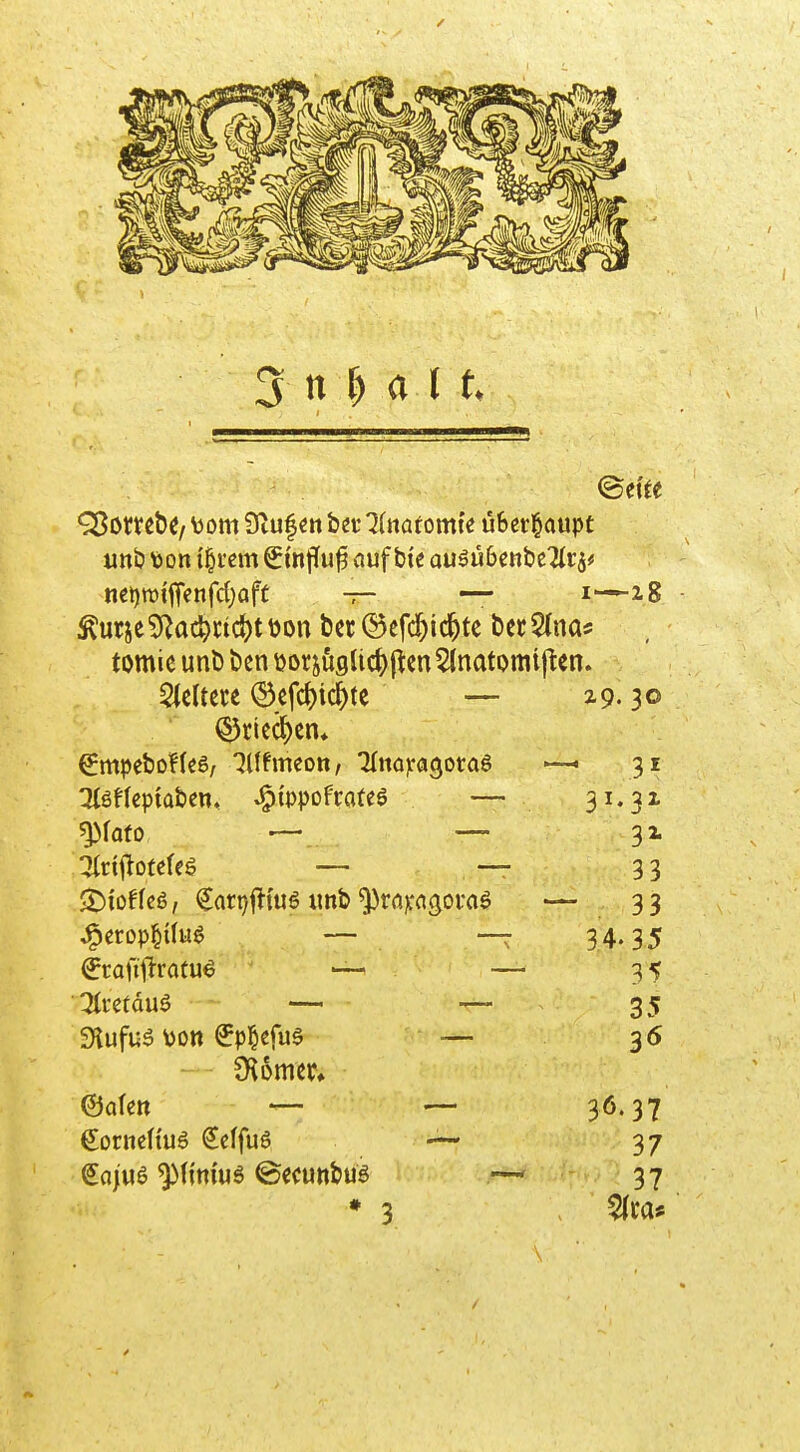 3 a l t ^mttt/Mom Ütufcn bei' Zmtomk uBer^oupt unij ^on t^rem €mlpfu^ öuf bte auäubrnttllv^f nei)tt)tjTenfd)Qft -r- — 1—28 tose5i^ac^cic^t öon ber ©cfd)ic^te Der ^(na* tomie unt) ben öorsügUc()pcn5(natomi|ten. Gleitete ©ßfc()ic^te — Z9. 30 ^ 31 Qlöncptaben, ^tppofcateö — 31.31 ^fafo —. — 3^ ^(rtj^Dtefeg — — 33 *— 33 J^erop^Uu^ — —- 3,4.35 ^raüilratuö — — 35 :2ii-etduö — — 35 3lufu5 \)Ott €p§efu0 — 36 ©afen — — 36.37 Kornelius ^cffuö — 37 So/uö ^({niu^ ©wuttbuö — 37 • 3