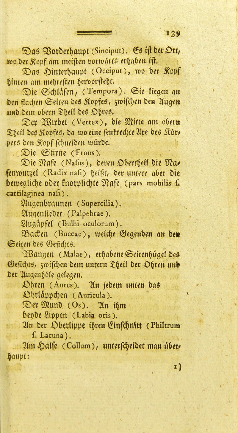 ^orbei'^aupt (SincipnO. ^6 itt ber Ott,. tüobn-^opf am mei'tlen toonvdrtö tt'^aUn i^. ©aö Jpintcrbaiipt (Occiput), wo bei- ^op^ hinten am me^i-cjiten §ert)ov|lel§f. ©ic (Bä)i^fmf (Tempora), ©i'e fi'cgctt att ten flad^eit ©eiten beö ^opfe5, jwtfcljcn be» llüQm «nb bcm obern 5:i&e(f bc^ O^rcö. S)« *2Birbßi (Vertex), hit Wlittt am ohtm '^^dt beö Kopfes, ba wo «»e fenfredeteTljre bcö i^ör* |)ere ben Äopf fd)ncibcn würbe. ' .. S)tc (Stirne (Frons). ©ic^^afe (Na(bs), bereit £)6ert^eif bie ^^a^ fcntvuvjcl (Radix nafi) §ei'0t, ber untere aber bte beweglid^c ober fnorp(ic|)tc i)»^afc (pars mobilis L cartilaginea nali). Stugcnbraunen (Supercilia). StugCnlicbCC (Palpebrae). Slugapfcl (Bulbi oculorum). ?35acfen (Buccae) , wei'd)e ©egenbett an beir ©etfen beö &t\id)t6. SÖ3an.gen (Malae), er^aSette ©ei'tenOugef be^ ©eftd)fö, jwifdjen bem untern 'Z^tii ber £)§ren utt> fcer 7lugen^6fe gefegen. £)l)ren (Aures). Un jebem u^tte« ba$ £)l)rldppd)Cn (Auricula). ^et^unb (Os). T(tt i^m bepbe Sippen (Labia oris). ^n ber Oberlippe i§ren ^infc^nUt (Philtrum f. Lacuna), 7lmJE)alfe (Collum), «nterfc^eibecmanü6etc* §oupt: