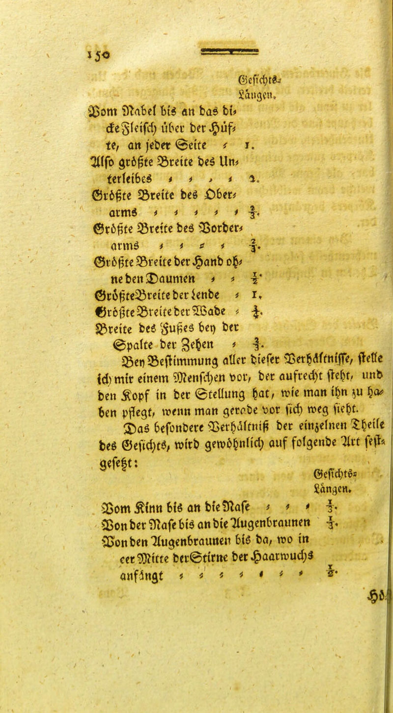 Sausen, 33ont ü^aSel hii att baö bt% (fegictfd) über tn^üfi te, Ott jeber <8ctte < i. t2((fo größte ^Breite be5 Um tcrieibe« armd # < < * * ©rö^tc 35tettc beä ^Borbet* ©f6|3te 58veUe ber J^anb ol^^ nc bell JDaumett * * i* ®r6^tcSre(teberknbe * i, 6r6t^tc2&veifebef^ßabe « ^, Sdxtxtz bee 'j^u^eä bet) bec Spalte bei* ge^en » -f. ^enScfftmmung aüer tiefet «Ber^fmffc, fJette W) mit einem ?0?cnfd}ent>oi', bet flufred)t ilefjr, unb beu Äopf in ber ©teüung ^at, n?ie man i^n Un pflegt, wenn mon gerobe \)ot fid) weg (le^t. i)aö befonbere 3}er^dffni^ ber einzelnen X^eife beö ©efidK^/ wirb gen?ß§nlict; ouf folgenbe %ti fefl« 2ßomÄtn«6iö attbieSlofe * * < i- 2ßon bct i^öfe 6iä an bie Tiugenbrounen -J, *X^onben7(ugen6raimcn 6iö ba/ wo in cet ^ttte ber©tirtte ber ^aarwud;« anfingt ^•