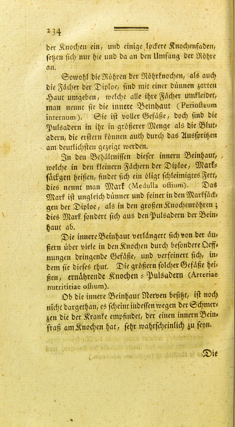 bei* Änod)en ein, unb einige fpc!cre ^nod)enfabett, fe^en fid) nur ^te unb ba an ben Umfang bec 3l6^re @o\v0 bi'eStühren ber 9\6|rfnod}en, als audj bte Sadjcr ber ^Diploc, ftnb mit einer bünnen jarteu JP)auc umgeben, mid)t alle i^re gdd)er umfleibet, man nennt fie bie innere ^einl)aut (Periofteum internum). ©ie ift \)0Üer ©efa^e, bod) ftnb bie ^>ufgabern in i^r in größerer OJienge a(ö bie 33(ut? dbern, bie er|lern f6nnen aud; burd) baö :Uuöfpri|ett am beutiid}fien gezeigt werben. 3n ben SSer^dltnifTe« t>t«f^t inmvn 25ein§auf, ivetd;e in ben fleinern Sdd)ern ber ©iploe, ^'iadf fdcfgen &ei|3en, finbet fid) ein öligt fd;(eimigteä ^etf, bieg nennt man ^laxf (MeduUa oflium). S£)aS ?0^arf ifi ung(eid) bünner unb feiner in ben ^Oiarffdcf* gen ber ^J)iploe, ais in ben großen Änod;enr6^ren ; Jjieö ^att fonbert ftd) auö ben^uJöabern ber jßein^ laut ah. ®ie innere ^Bein^aut verlängert ftc^bon ber <5u# ^ern über 'oitk in benÄnod^en burd; befonbereöeff» ttungen bringenbe ©efA^e, unb verfeinert fid), im &em fte biefeö t^uf. 3)ie gr6^ern foId;er ©efd^e ^tu ^en, erndl)renbc ^noc^)en ? ^ulöabem (Arteriae nutrititiae oflium). Oh bie innere 35ein^out Sderven beftff, ifl nod) mct)t barget^an, e^ fdjeintinbeffen wegen ber ©d;mer# gen bie ber ^ranfe empftnbet, ber einen innern^ein* fraj? m^wd)m §at, fe&r tva^rfdjeinfid) ju feon.