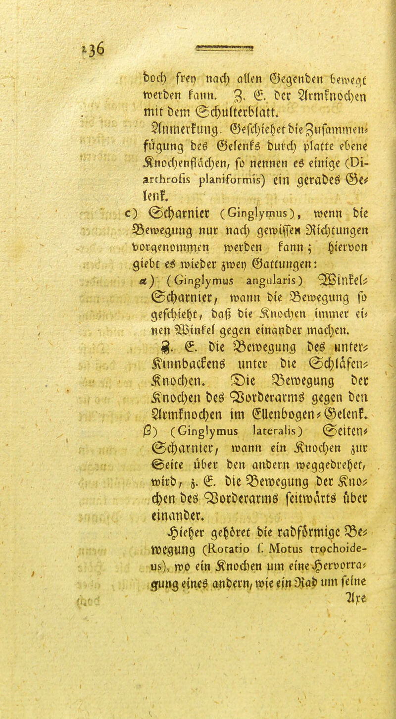 bod) fr«t) md) aUm ©egntbnt hmtqt treiben faim. 3. ^\ t^cc 5(cmfnod)en mit öcm @c^u(tecb(att. fügung bc6 ©cfcnfg buvd) platte etcnc ^noct}cnfIdd;cn, fo nennen c6 etntge (Di- arthrofis planiformis) ein gCrabCÖ c) <Sc^örnicr (Ginglymus), wenn bte S5emegung nuc nadj geroiffen 9i{d)tungett borqenoinmcn tt)etben fann; i^iei'üOtt Qtebt vokhet ämep ©aftungen: ä) (Ginglymus angularis) *2Bin!c(:? ^d)atnHtf wann bic 58e\üegung fo gefd}te^c, ba^ bte Änodjen immer eu nen ?03infef gegen einanber machen. ^. Die ^öcmesung beö unteiv ^innbacfenö unter bi« (Sd)(dfcn? ^nod)cn. !Dic Q3cwegun9 bec Ä'nod)en bcö Q^ovbcrai'mö gegen bcn 5ivmfnDd)en im (Ellenbogen #®elen^ jß) (Ginglymus lateralis) @eitcn# ^d)anmxi twann ein ^nod)en juc ©eite über ben anbetn meggebre^ef, Witt, j. öie Q3en)egung Der ^no^ c^en Deö 93ürberarmö feitwdrtö iibec einanber« J^ie^^er gehöret bie rabf6rmigc $Se^ Wegung (Rotatio (. Motus trpcholde- u?), mo ein Änod)en um emeJ^ervorra< gung eineö anbevu/ wie ein Diab um feine 7I):e