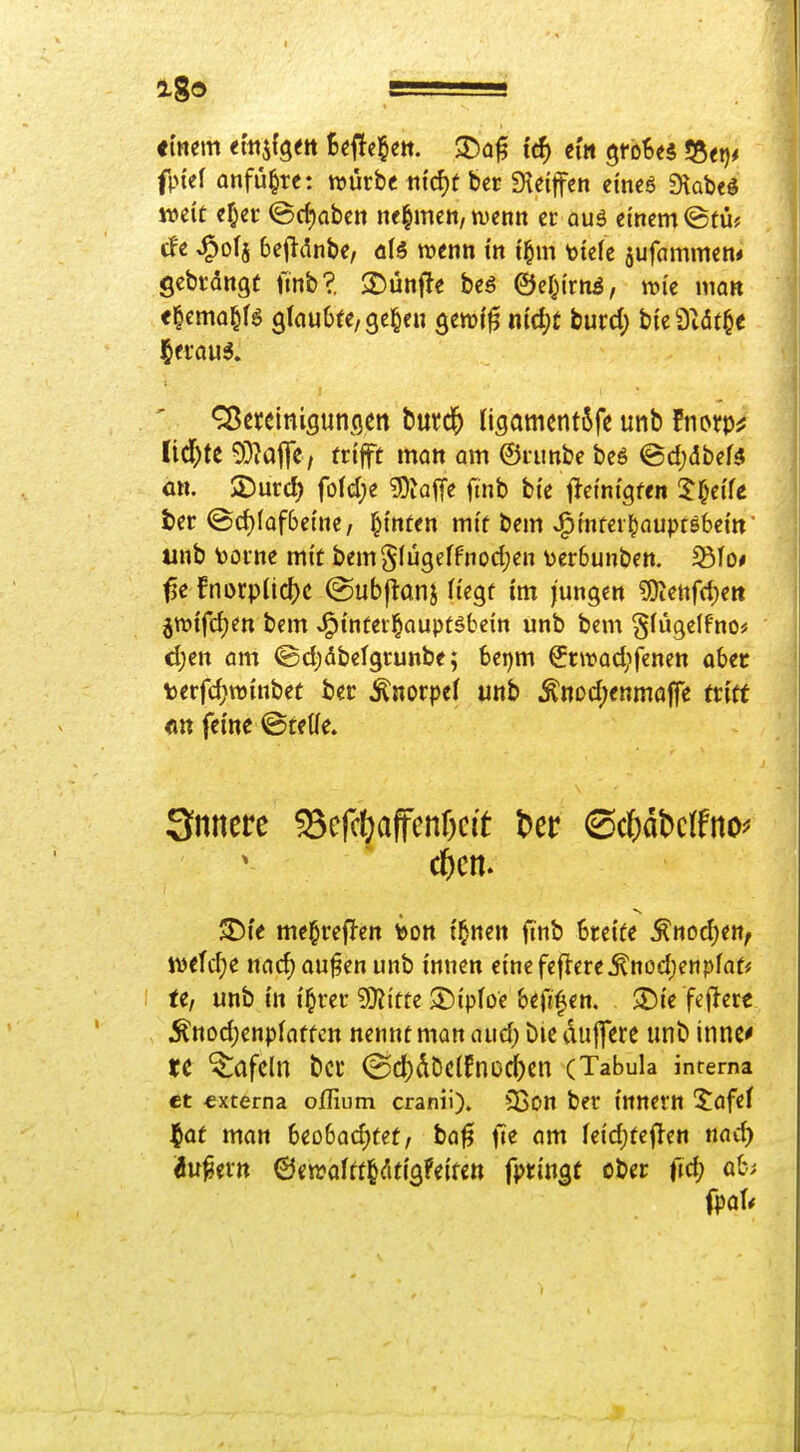 fpiel anführe: würbe tttcf)t ber fHeiffen emcö «Xabeö weit c§cc @cf)abett ne§mett, iDcnit er auä einem ©tu? cFe ^o(j bejldnbe, ä(5 trenn tn t^m ttele jufammen* gebröngt finb?. $Dünf!e beö ©cOtrnö, tt^'e man t^tma^U glnubfe/ge^en gemf^ n{d;t burd; bi'e9t<St§e 5erau5. Q^creinisunflen butd^ UsamcntSfe unb fnorp^ Iid)te 9)M|]e, (rtjft man am ©runbe be6 ed)dbef5 Ott. JDurd) fofd;e 5)Jaf[e fmb bi'e f^ctntgfen 3:r^e(fe ter ©c{)fQf6etne, hinten mk bem x^mter^aupr^bem «nb \)orne mit bem§(ügeffnod;en t^erbunben. Sfo< t3e fnorp(ic()c @ub|^anj h'egf im i'ungcn ?Otenfd)ett jttJifdjen bem ^tnterl^auptgbcin unb bcm gfügelfno« cl;ett am ©djdbefgrunbe; bet)m €rwad;fcnett abec terfdjmutbet bcc Knorpel unb ÄnDd;enma|fe (ritt «tt feine ©teUe. 3nnere 53crd;afcnf)cit t^er ©c^dbclfno^ c&en. SDi'e me^refJen löon t^nen ftnb breite ^nodjen; n)efd;e nad; au^en unb innen etnefeftere.^nod)enpfaf# te, unb in i§rer ?)}iitte 5)ipfoe befi^en. $Die feflerc ^nod)enpfatfcn nennt man aud) Die du|]*ere unb inne^ te tafeln bCC @d)dDc(fnDCl^Cn (Tabula interna et «xterna offium cranü). ?ßott ber innern ^afeJ |Qt man beobad)tet/ bo# fte am feid)tef^en nad) äußern (3en?offt§dfi3feifett fprin^t ober |Td; ob; fpat*