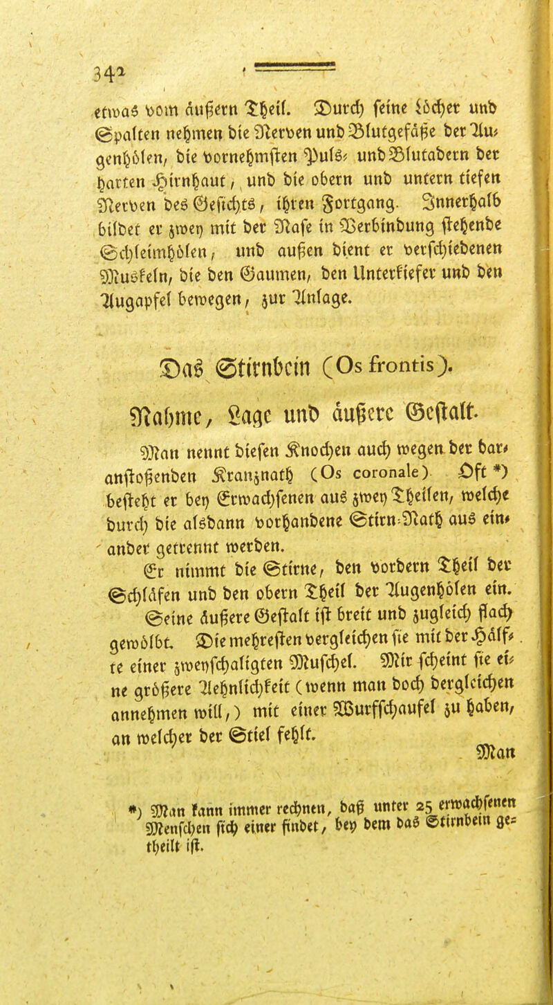 34^ , -=== ttmi \)om auf3«n t^nU 3)urd) feine Uct)er unb ©palten nehmen bie9^er\)en unb ^blutgefape becTlu* ^en^ölen, bie toorne^mflen ^uB^ unbSBIutabcrn ber garten ^Un^aut, unb bte obern unb untern tiefen 2Rer\)en beö ©efid;tä, i^tcn goitgang. Snner^alb bübet er j\üei) mit ber £Rofe in ^Berbmbung fle^cnbe (2)d)(ein4öfen, unb au^en bi.ent er toerfditebenen 5)}iuöfe(n, bte ben ©aumen, ben Unterfi'efev unb ben Tiugapfef bewegen, jur Tinlage. ©a§ ©tirnbcm (Osfrontis). filalmc; unD dauere ©cftdt ^'Slan nennt btefen ^noct)en aud) wegen ber bat* anf^o^enben ^ranjnat^ (Os coronale). £)fc *) befte^t er bei) €rtvad)fenen au6 ^wei) ^^eflen, tt)eld)e buvd} bte alöbann \)or§anbene (Btirn STiat^ auä ein» anber getrennt werben. & nimmt bie ©tirne, ben \)orbertt 't^eil bec ©d)ldfen unb ben obern 5^eil ber Tlugen^ölen ein. ©eine dunere ©eflalt ifl breit unb jugletd; ^adf gewölbt. S){e me§re|ien toergl<ict)en fie mit ber ^dlf# te einer 5wet)fcl)aligten g)^ufcl)el. Snir id)mt fie et# ne größere Tle^nlid}feit (wenn man bod) berglcidjen annehmen will,) mit einer ?a5urffd)aufel ju §aben, an weld;er ber ©fiel fe&lf. *) g[«c»n fann immer recl)ntn, m f 5 sOTenfcI^en ftd^ einer jinDet, t>m ©ttrnbem ge^