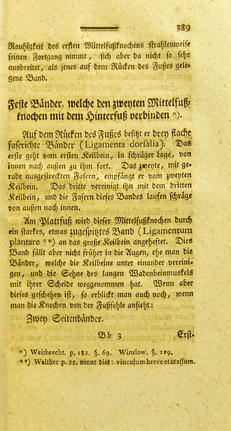 feinen 5o»'t9^'»»9 nimmt, ftd) aber l?a nid)t fo fe^r fluöbreitet, als jeneö fluf tem fKücfen &eö Supeö cjcle« öene S3anl), gelte S3dnl>ei*, welche Den stteoten SOlittelfug? f no(tJcn mit Dem ipintecfug oecbinDen *). 5(uf bemütucfen be^gugeö beftft er t>rep flache fafcvic^tc ^dnt)cr (Ligamenta dorfalia). S>aS crfie gcf;t \>oxn evjlen Keilbein, in fc^rdger kge,, löon innen md) au^en 311 i§m forf. ^oö iweijte, mit ge- ta&ß ouögefli-ecften ^''^fern, empfangt cv '00m jtt»et)tctt Keilbein. S)aö bdttc bereinigt if^n mit bem britfen Keilbein, unb bie Safer« biefeö 23anbeS laufen fd)rdgc von üu^en nac^ innen. Tim gMattfug wirb biefer 5)]iftetfu§fnoc^en burc^ tiniiarfeö, cfroaö JU9efpi|te6 5öanD (Ligamentum plantare **) an baö gro^e^^eilbcin angeheftet. ©ieU $Sanb fdüf aber nidjt früher in bie ^tugen, ef^e man biß 23dnber, welche bie Keilbeine unter einanbcr vereint« gen, unb bic (5e§ne feeö fangen ?B5abenbeinmuöfelS mit i^rer ©^eibe roeggenommen ^at. ®cnn abec biefeß gefc^e^en ijl, fo erbUcff man au^ noc^z wenn man biß ^noc^en toott ber gupfof^le anfielt: 3ttJ^P <Seiten5ant)er. 53 b 3 *) Weitbrecht, p. 182. §.69. Winslow. §. 289, * *) Walther p. ss* nennt bie^: -yinculum breve etferafrum.