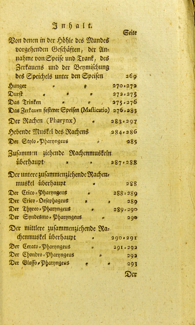 iSon Letten m ter ^hf)k t>c6 ^ünM torge^cnben 6efc^dftm, l)er 5(rts i)e^ 0peic{)el^ untev iSpeifm 269' 2)utf! « f » 273« 27 § ^aö *lnnfm • p / 275^276 £)ag 3«fauen feffmr ^pclfcn (Maflicatio) 276«283 ^ac^en (Pharynx) • 2 8 3»2 9 7 JP)e6enDc u^f cl öe^ ^j^ac^en^ 284*286 ^ßt 6t9lo»P^nr»?ngeug ? -285 3ufamm?it jie^ent)^ fKacJenmuöfeln ©er untere jufammen j{e^enl?e SJtac^ew* mu^fel «5er^aupt • 288 $Der ^xko:^^ax\)ngeus . 2885289 J>«r ^dcosDefop^ogeuS » , 289 SD« ^^preoi^^tijngeu« # 389 = 290 515er @9nt)eömo. 9^^at9ngcus « 390 55er mittlere jufammenji'e^enbe 3tas c^enmu^fel u5er^aupt • 290.291 ©er C[cvQto*^f)art)ngeuö » 291 = 292 35et ^^onbro=g)^ari)ngeuS » 292 >Oit (Ö(of|b^5^^arpn3eHS f # 393